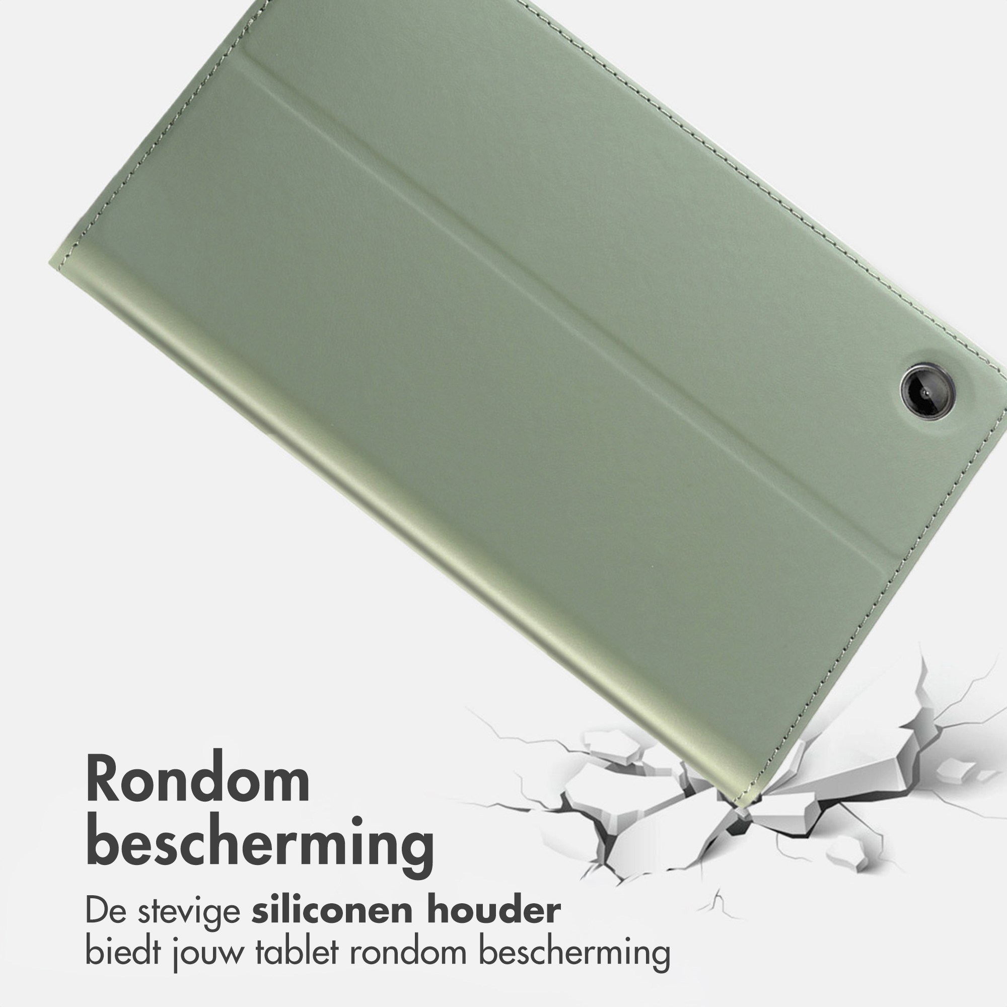 A light green tablet case with stitching and camera hole, resting on cracked white surface.