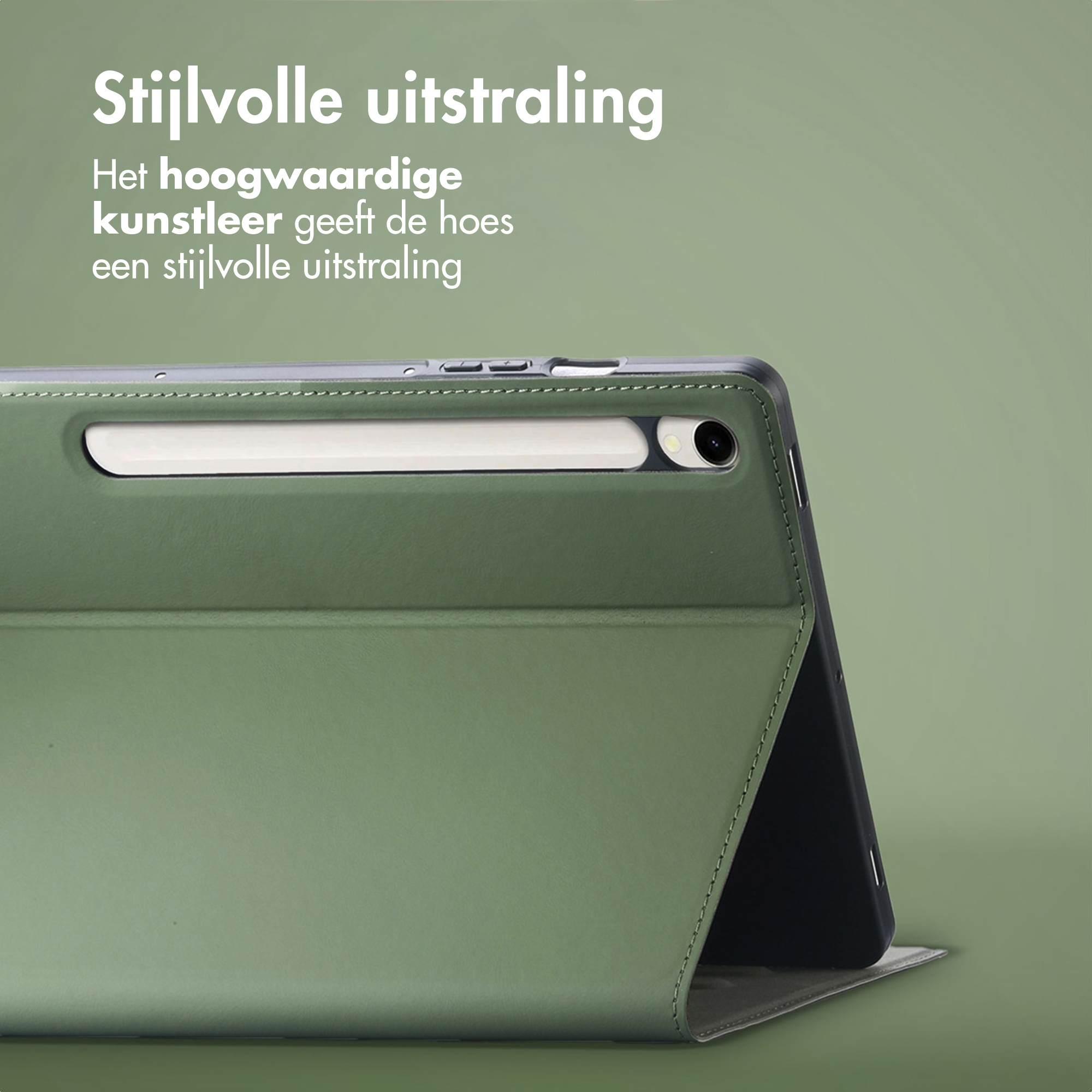 Étui vert pour tablette avec support de stylet et découpe caméra.