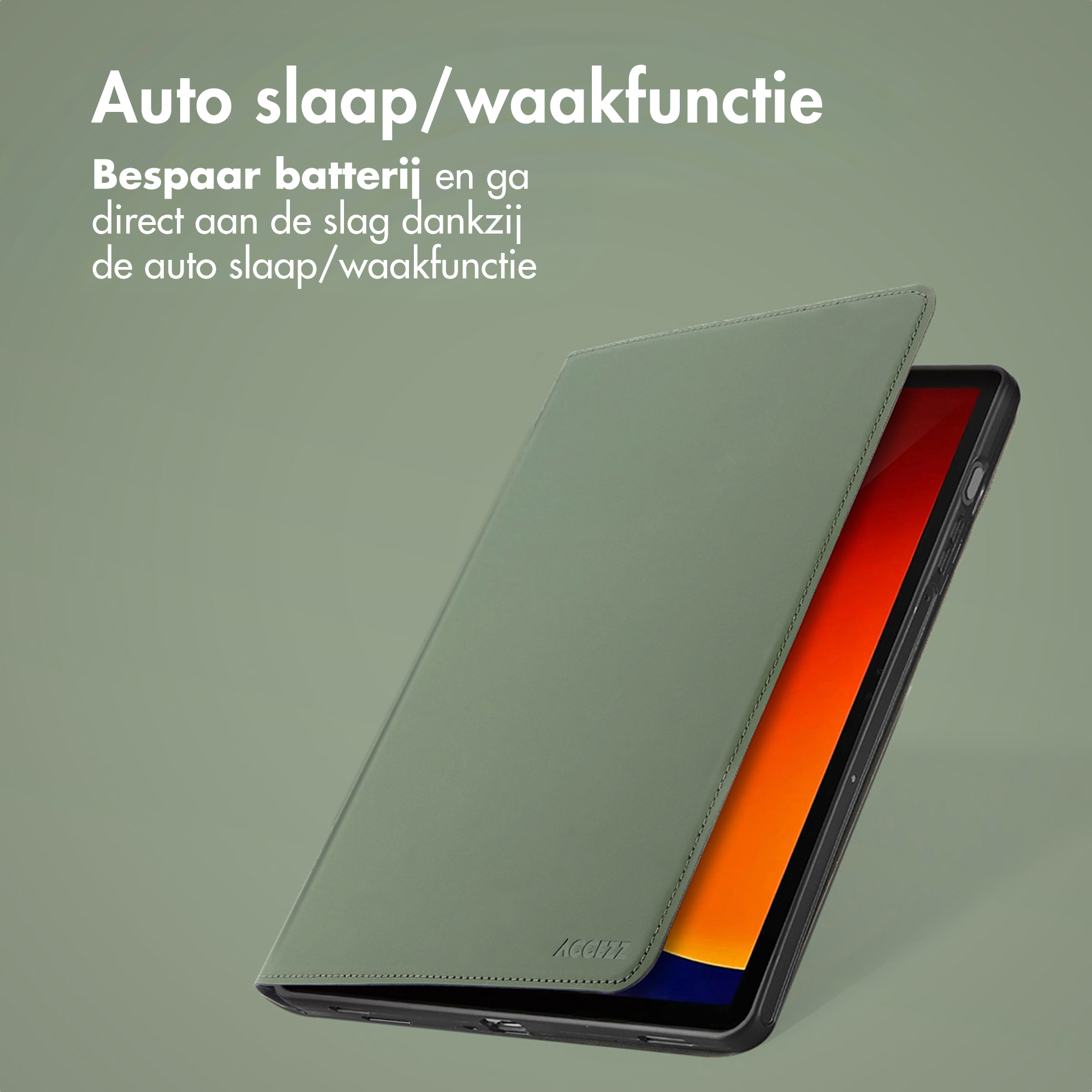 Étui vert pour tablette avec fonction veille/réveil automatique et écran allumé.