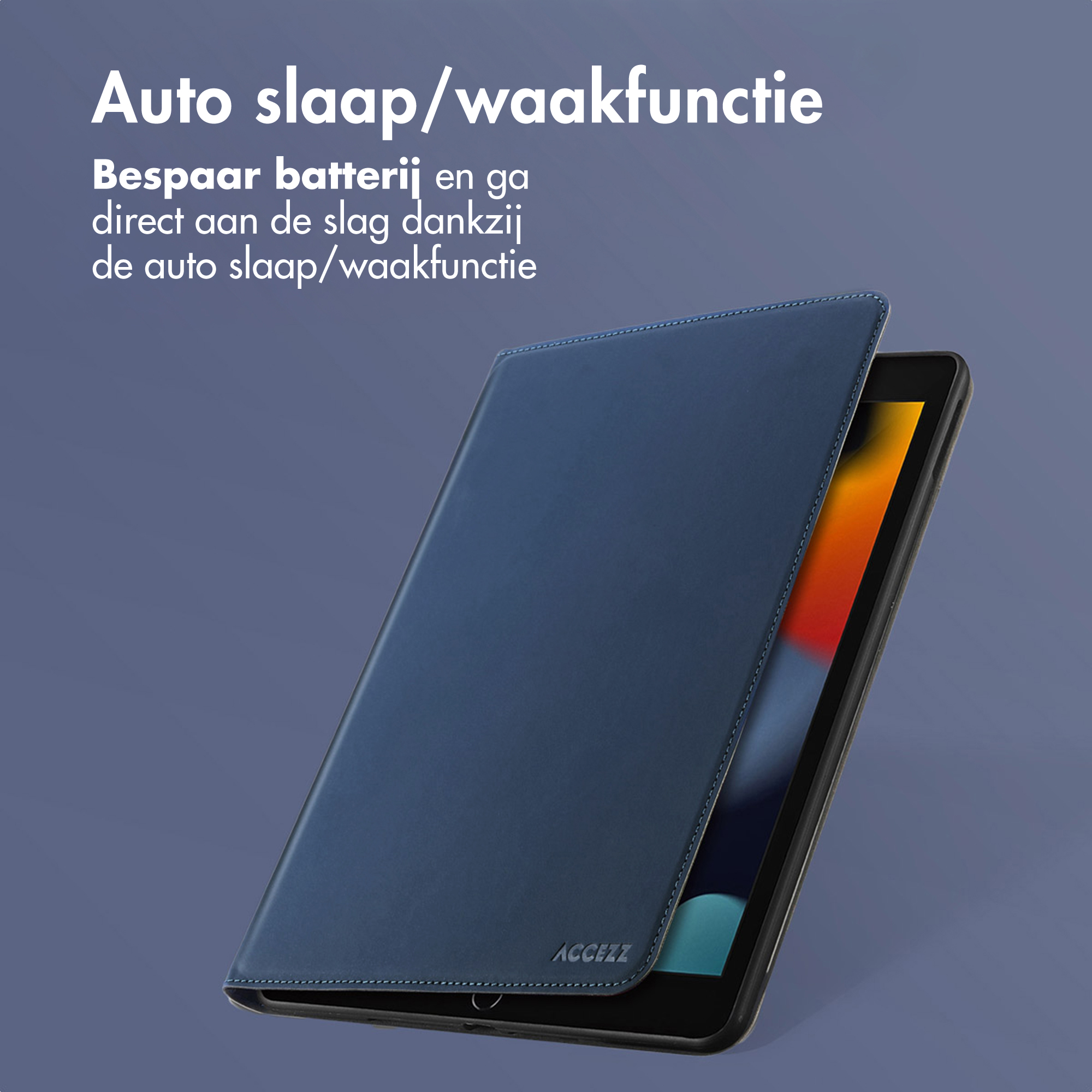A blue tablet with a case featuring an auto sleep/wake function.