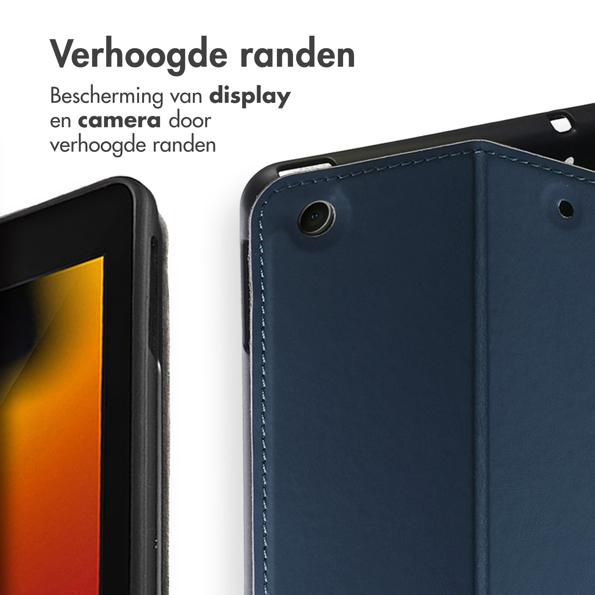 A tablet and a case with raised edges for display and camera protection.