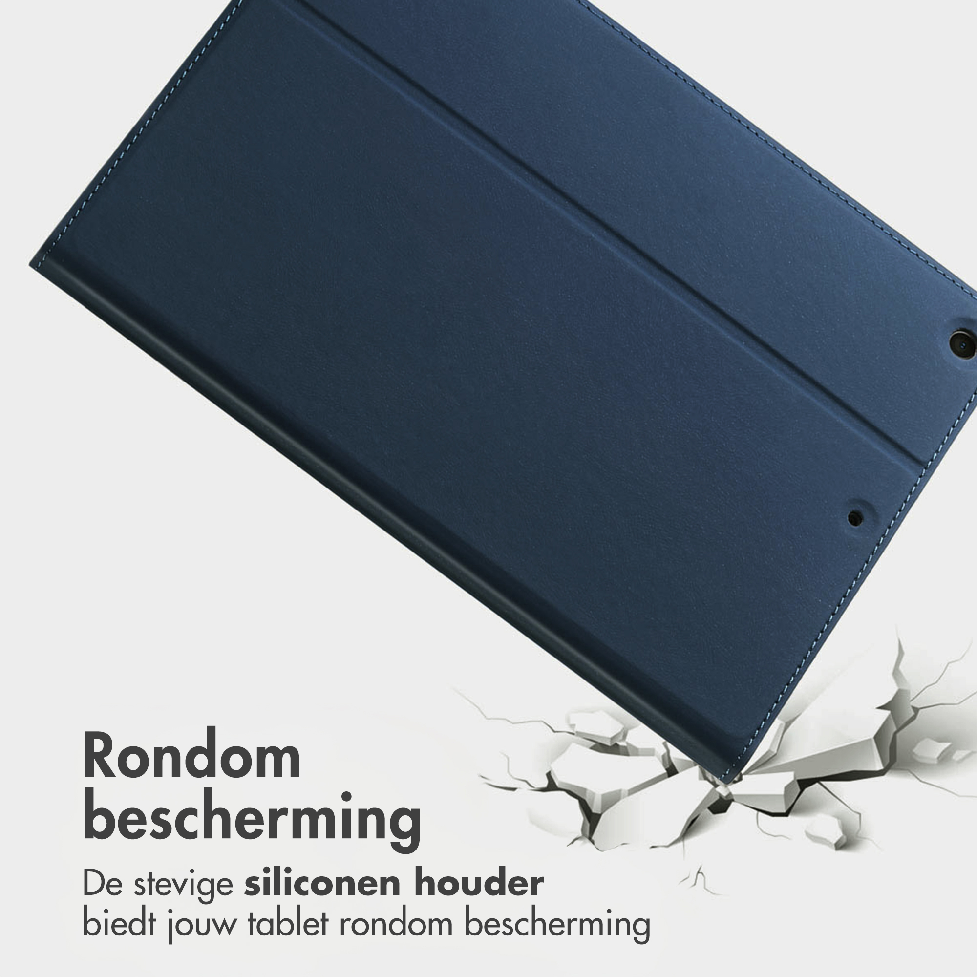 Dark blue tablet case with cracks on the bottom.
