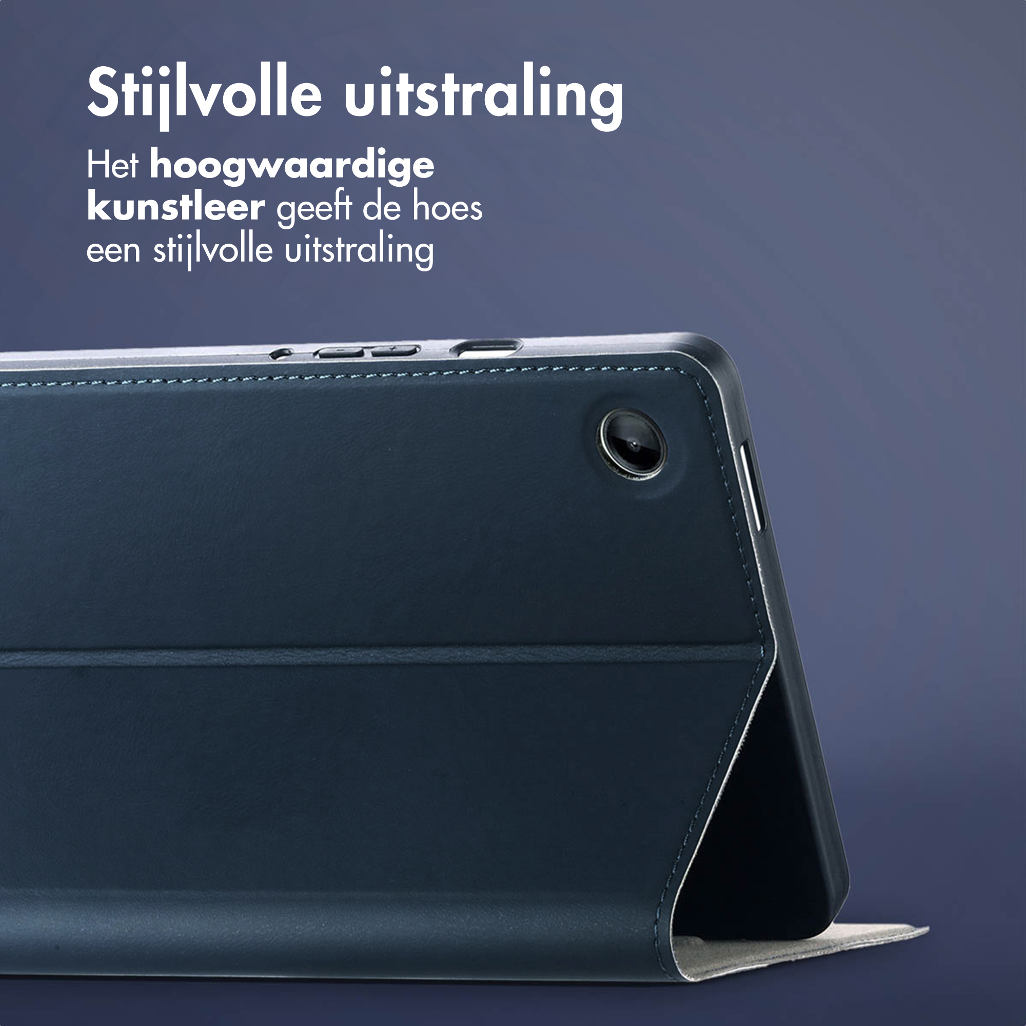 Dark blue faux leather tablet case with a camera cutout.