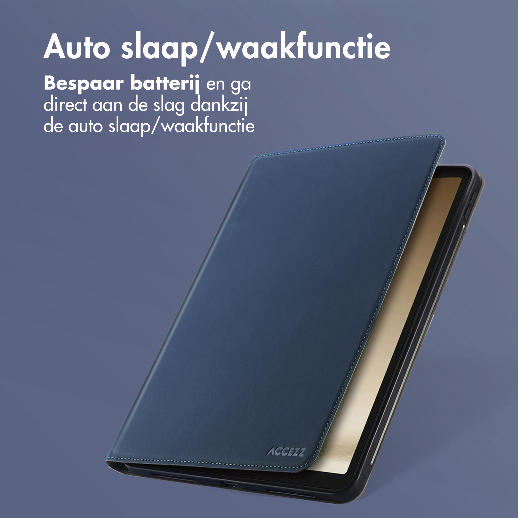 A dark blue tablet case with "Auto Sleep/Wake" function. Text present.