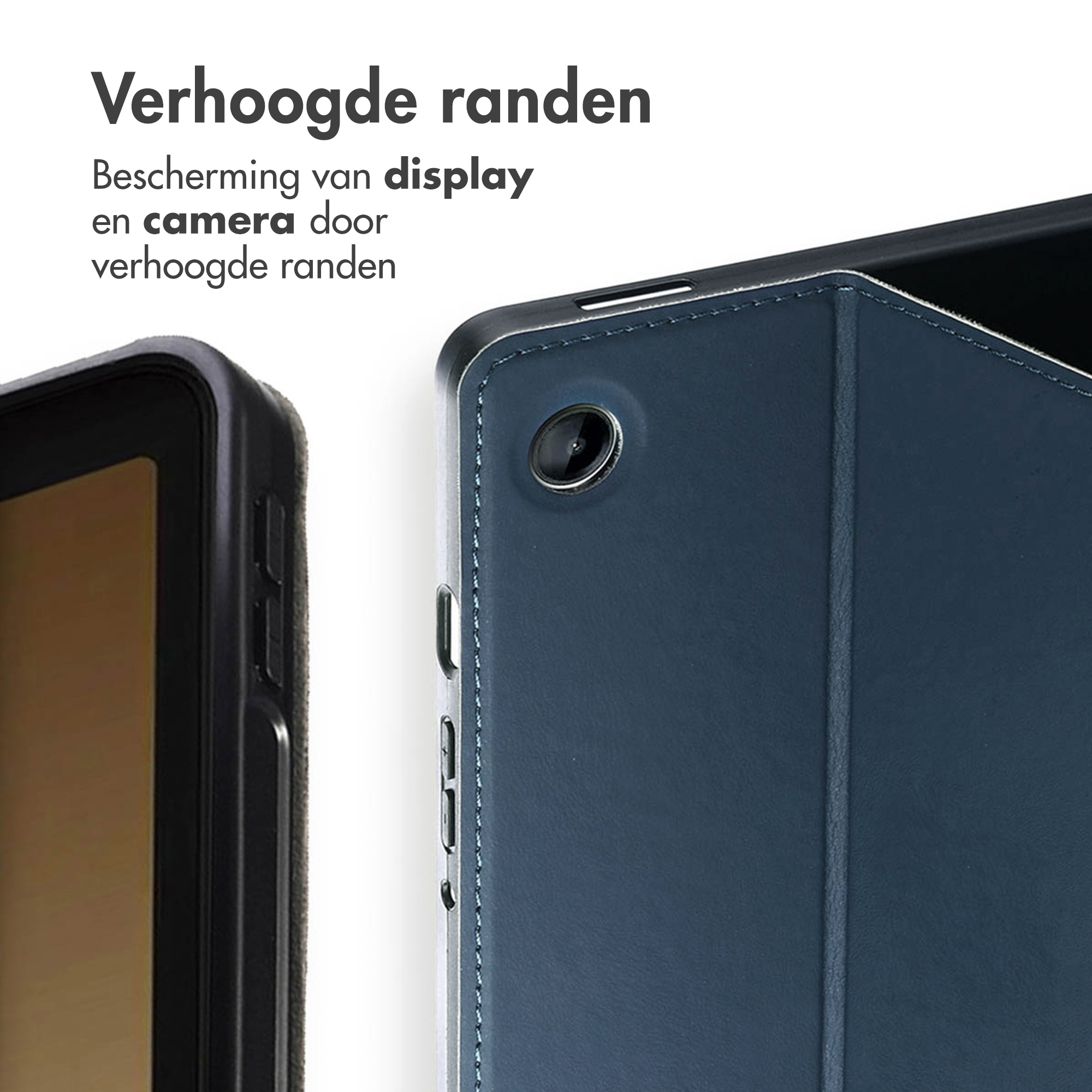 Close-up of a blue tablet case showing camera lens and buttons.