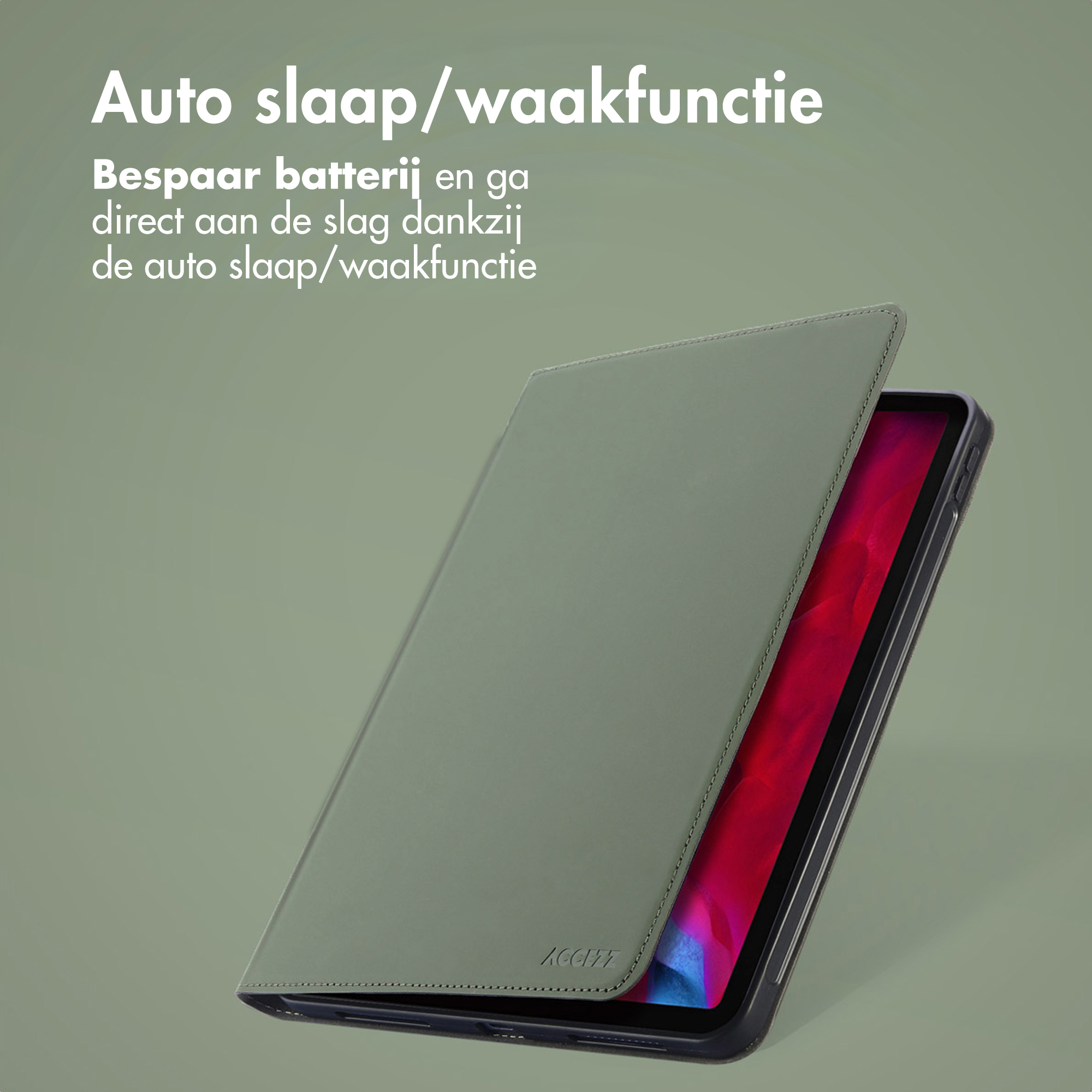 Green tablet case with logo, showing the red tablet screen.