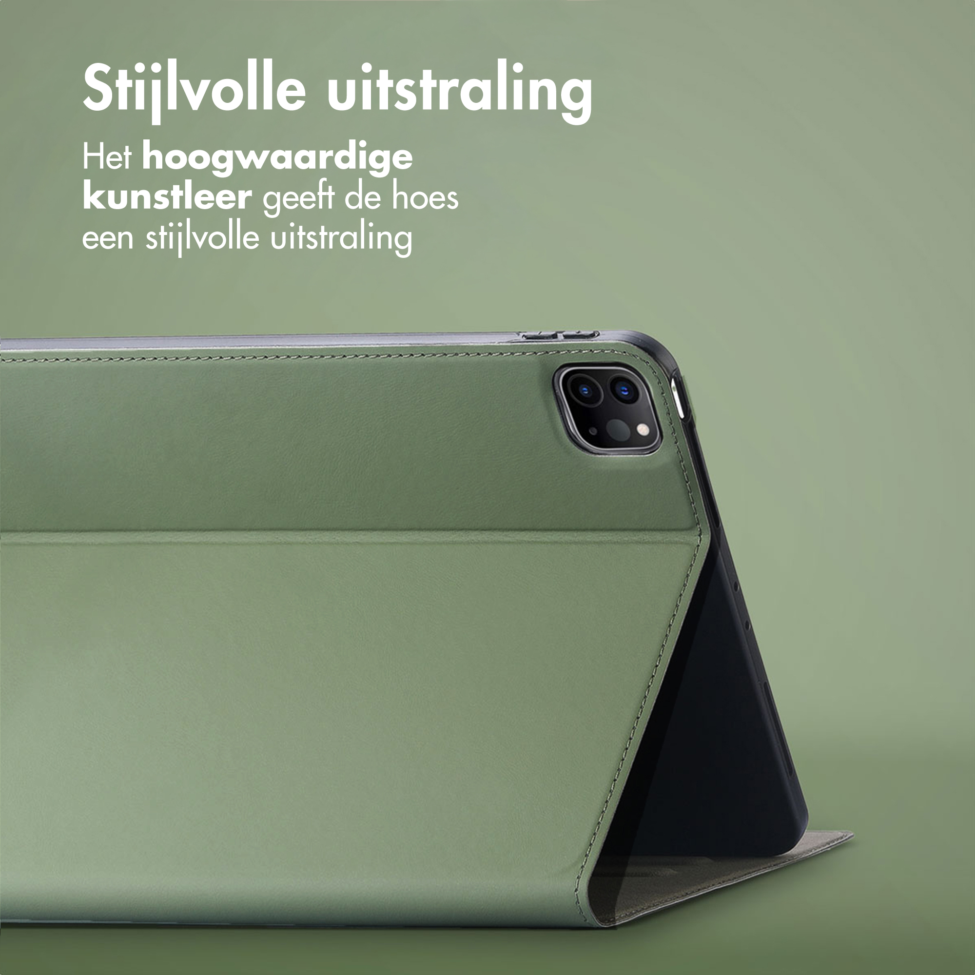 Green faux leather tablet case with stitched details and camera cutout.