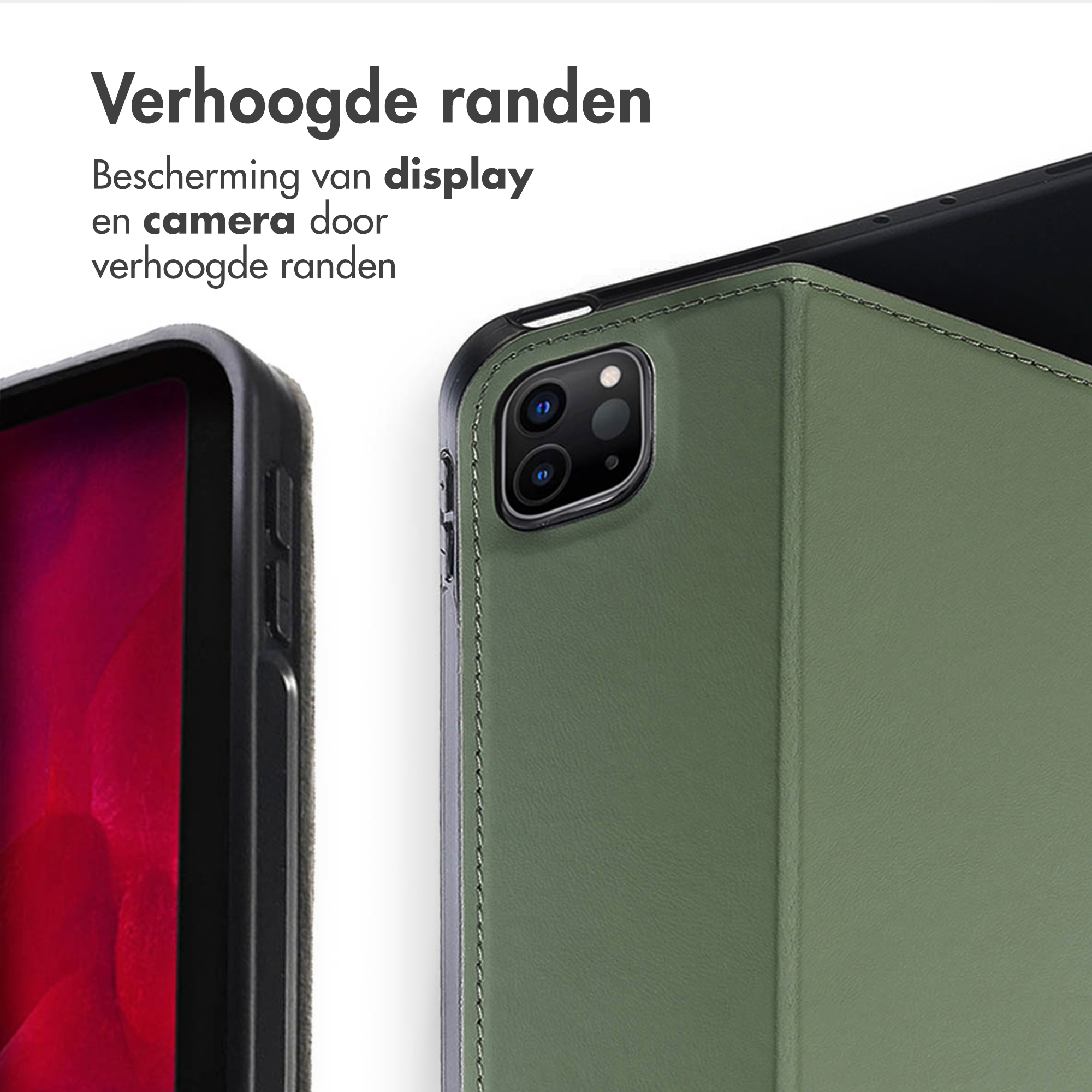 Close-up of a green tablet case showing camera and edge of red display.
