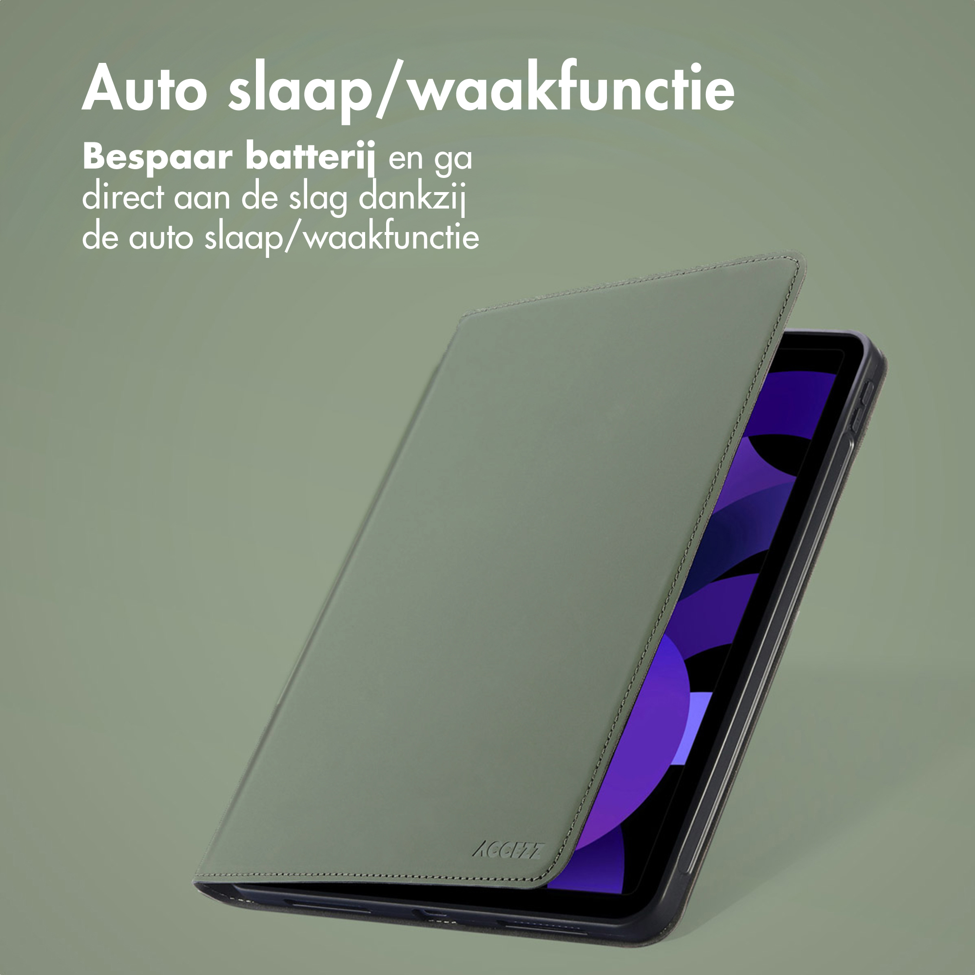 Groene tablet met open hoes, scherm met paarse vormen zichtbaar.
