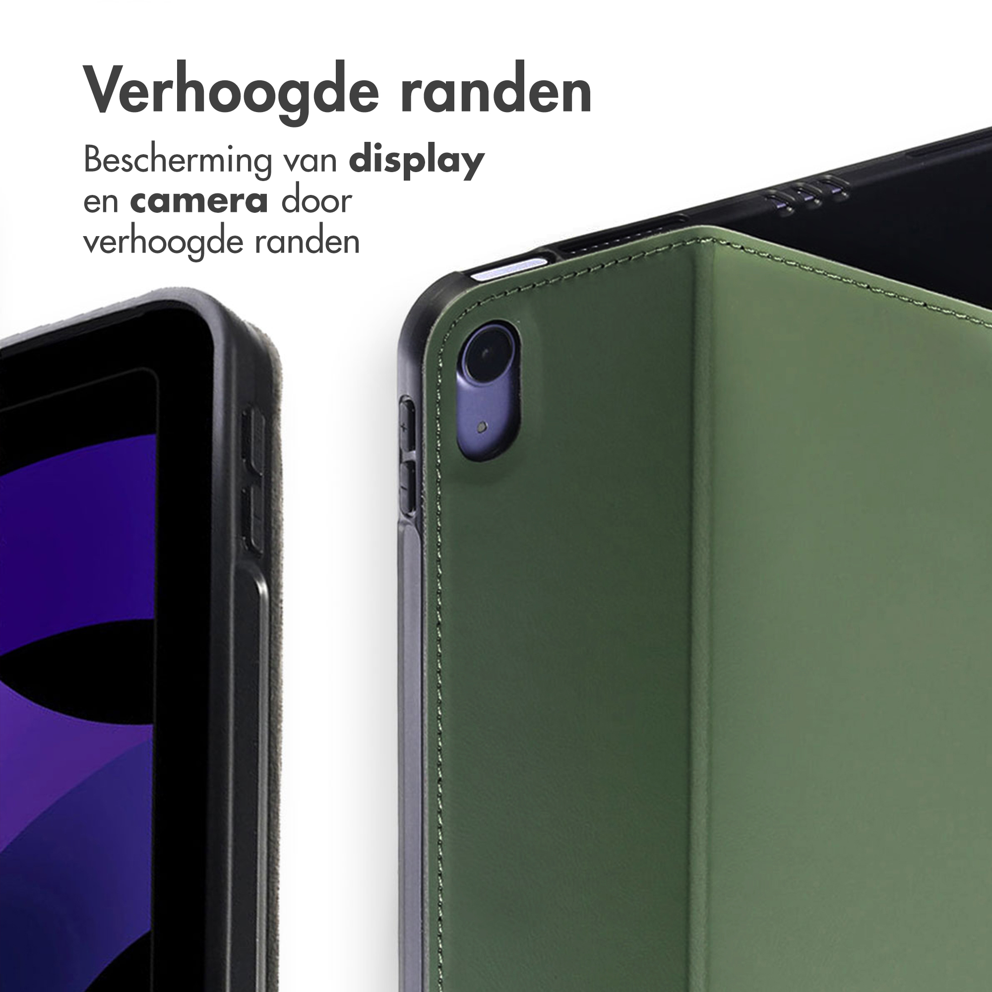 Groene tablethoes met verhoogde randen voor display- en camerabescherming.