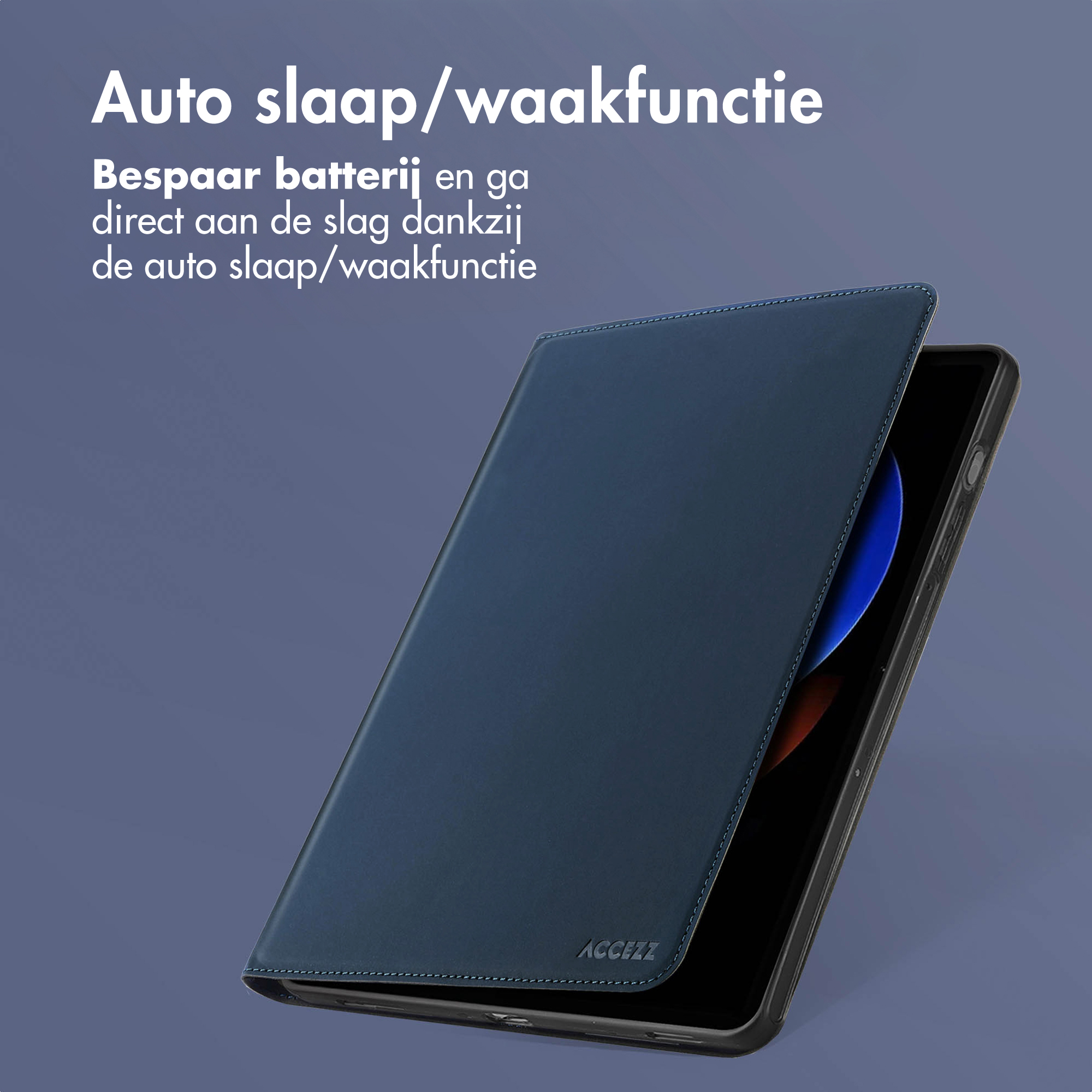Donkerblauwe tablet met hoes. Tekst: 'Automatische slaap/waakfunctie'.