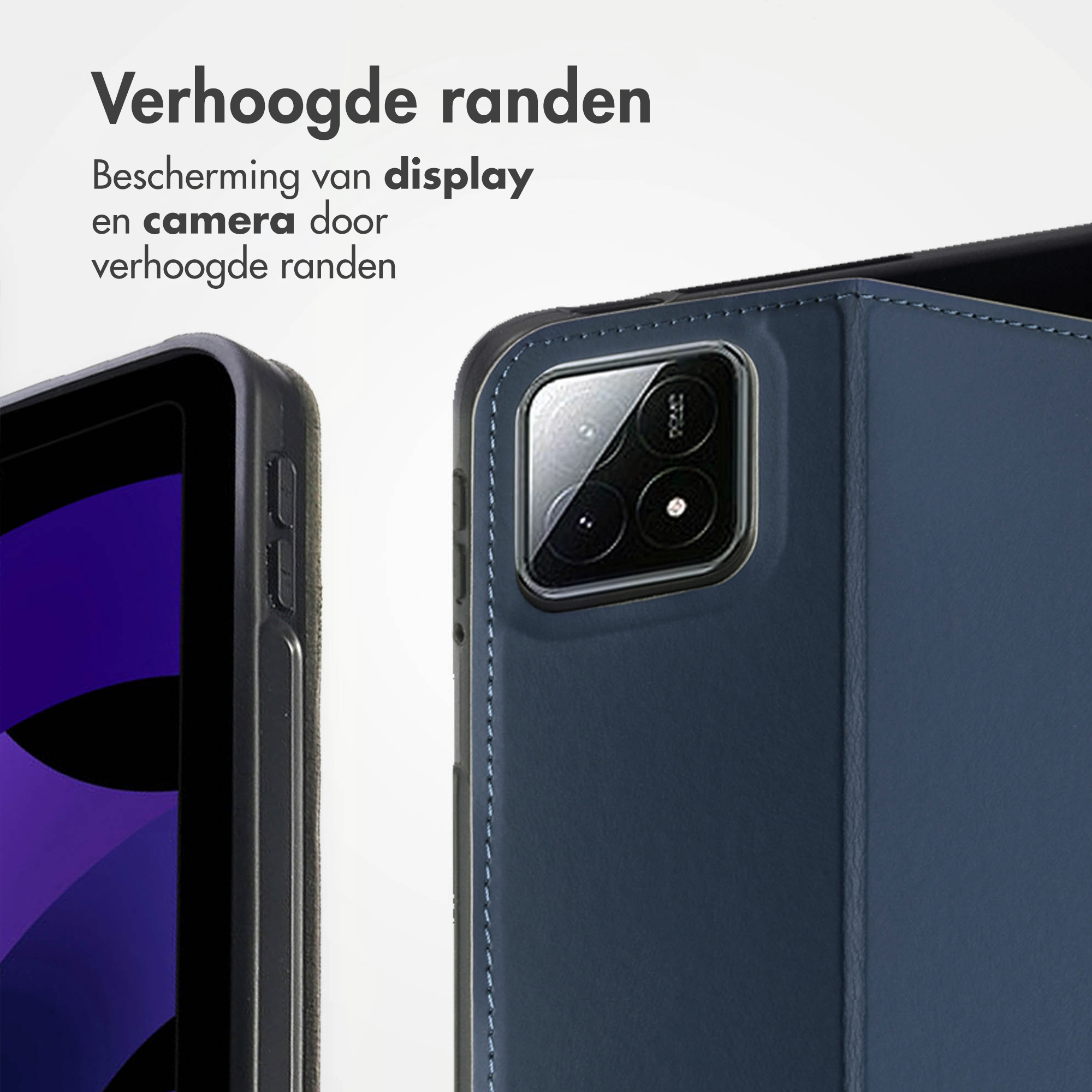 Close-up van een blauwe tablethoes, met cameramodule en verhoogde randen.