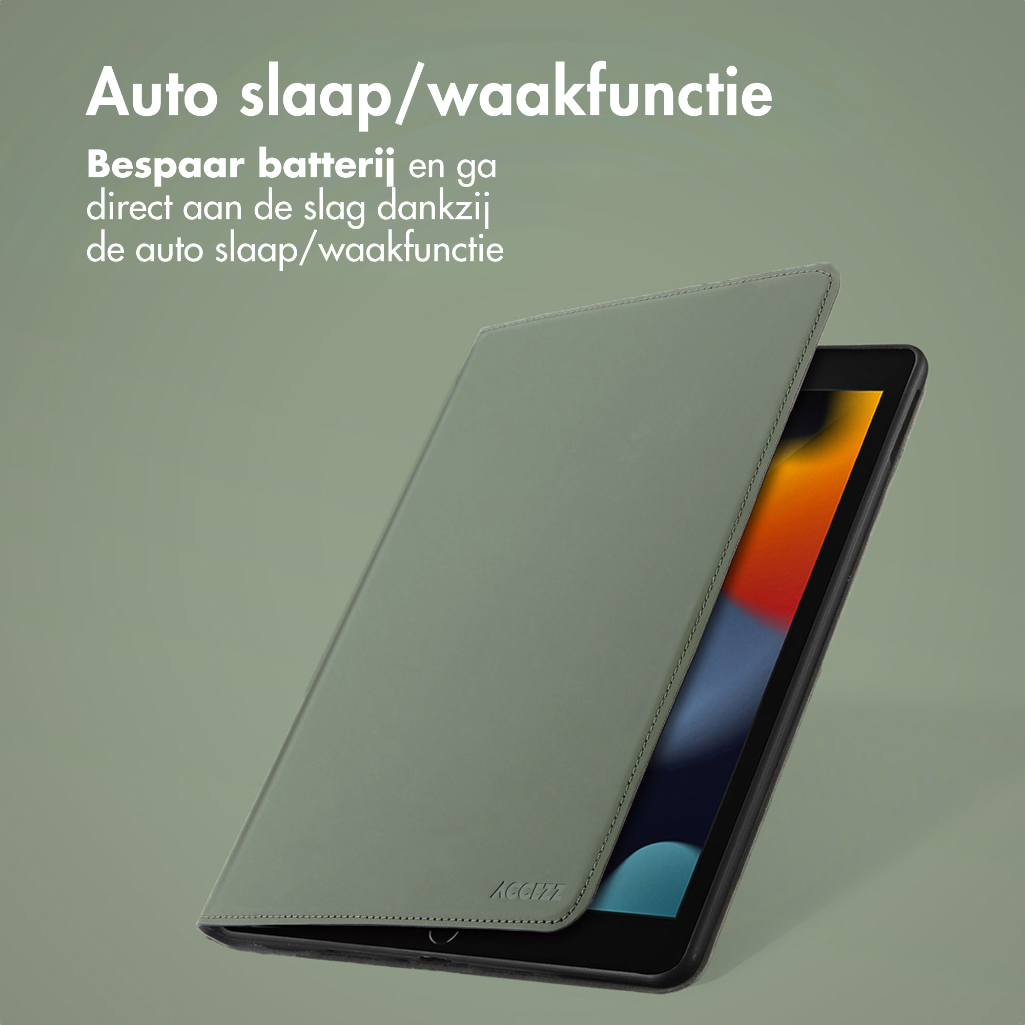 Groene tablethoes met auto slaap/waakfunctie, dekt een tablet gedeeltelijk af.