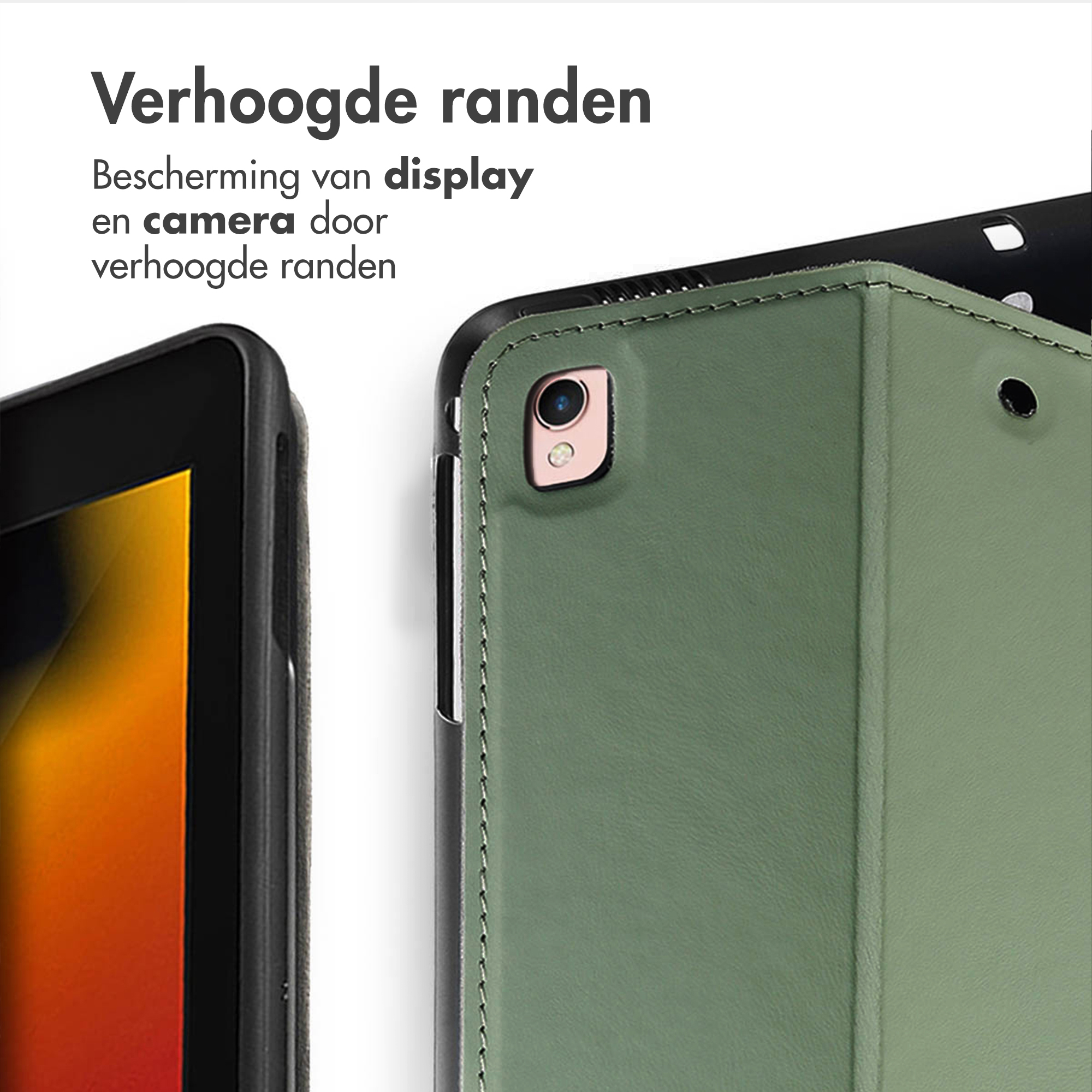 Een groen tablethoesje met camera-uitsparing en deel van een tablet.