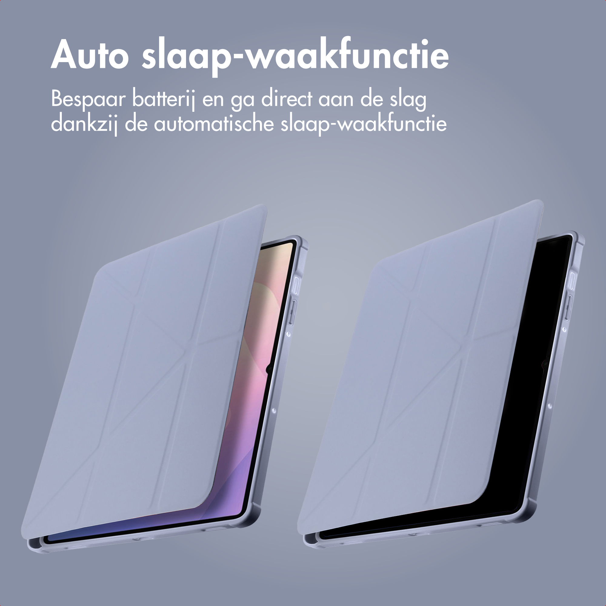 A light blue tablet with a geometrically patterned cover. It is open.