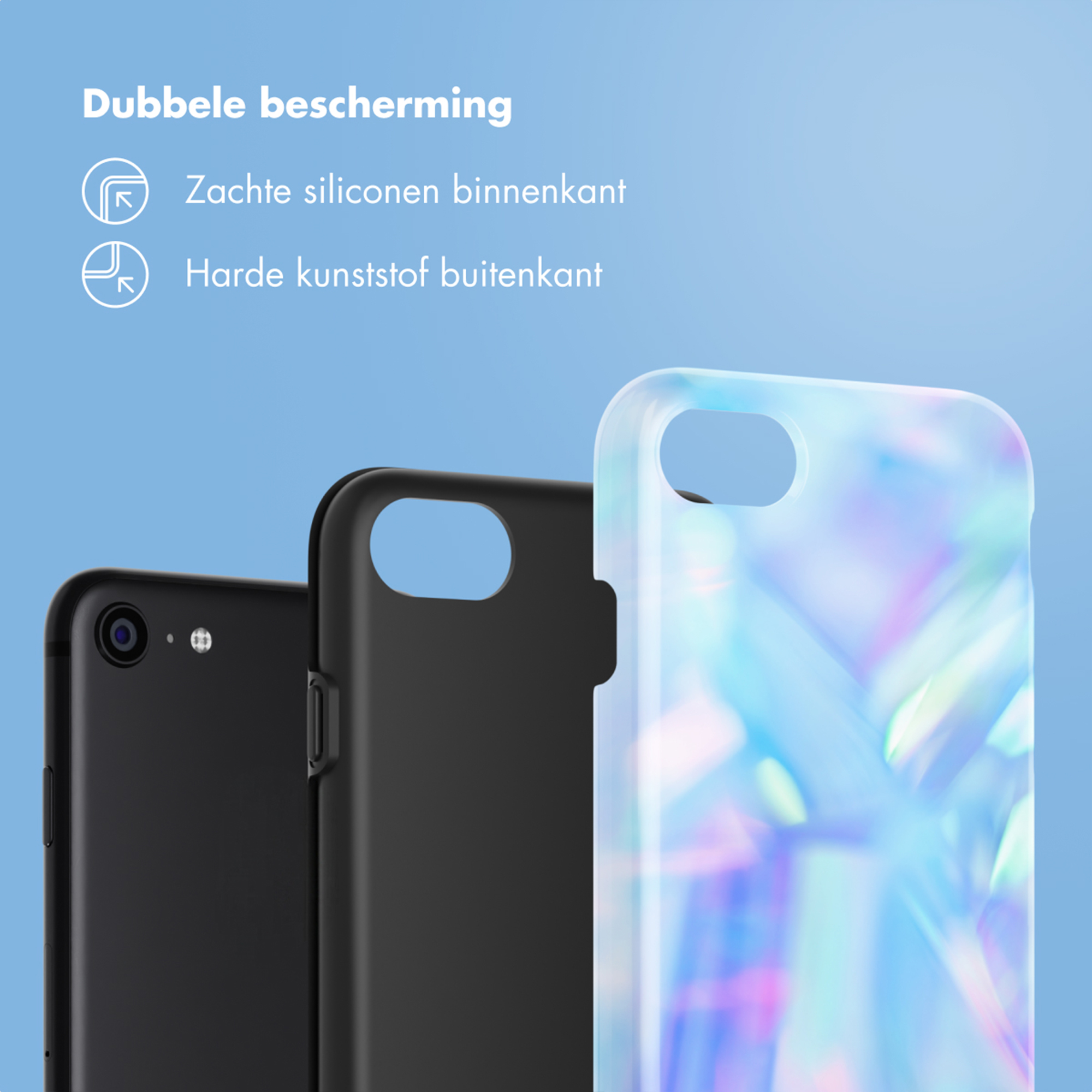 Drie telefoonhoesjes: twee zwarte en één holografische.