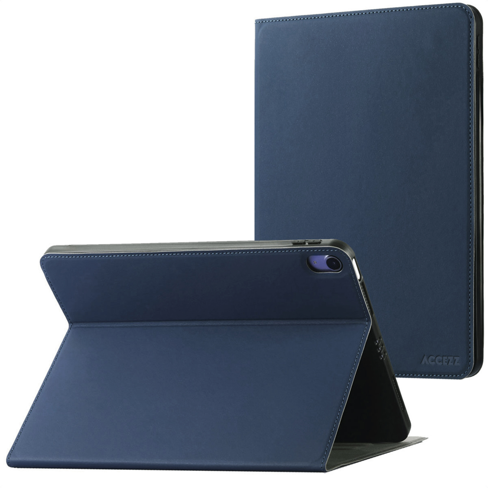 Donkerblauwe tablethoes met standaardfunctie, voor- en achterkant getoond.