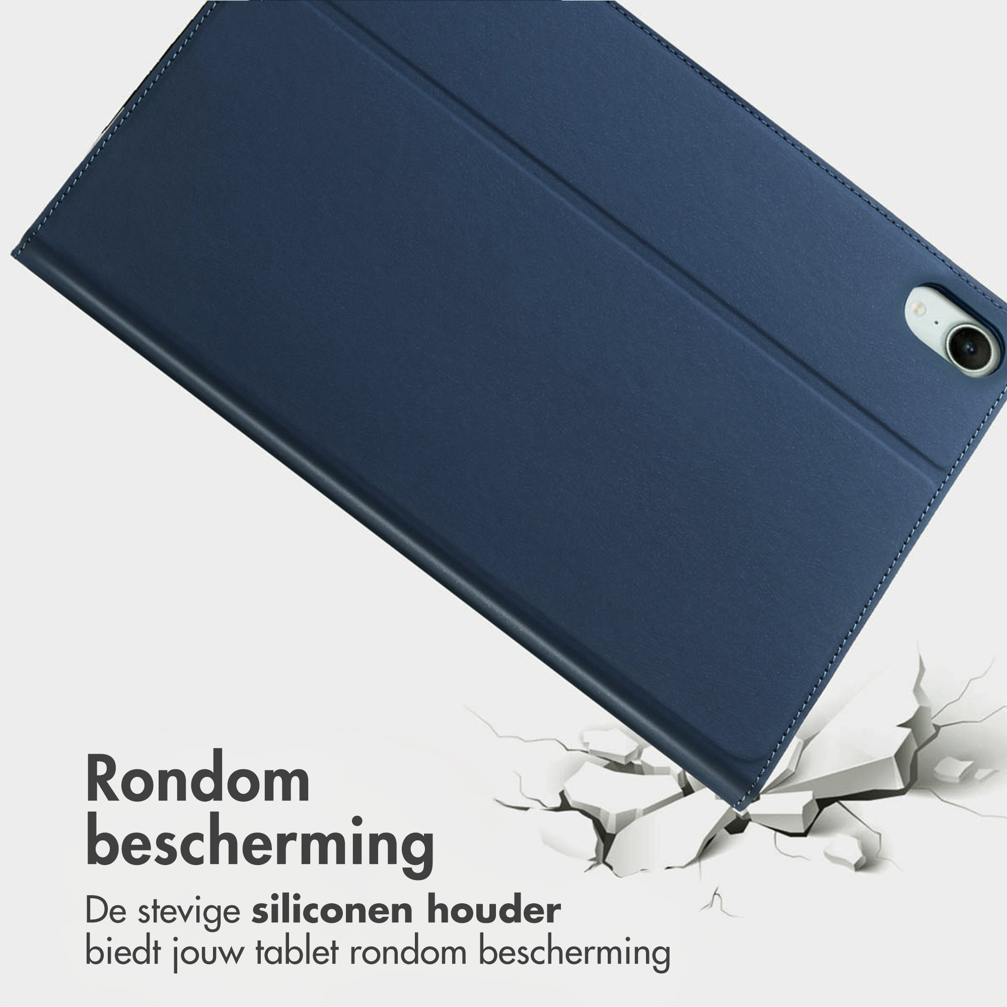 Donkerblauwe tablethoes breekt door wit oppervlak. Rondom bescherming.