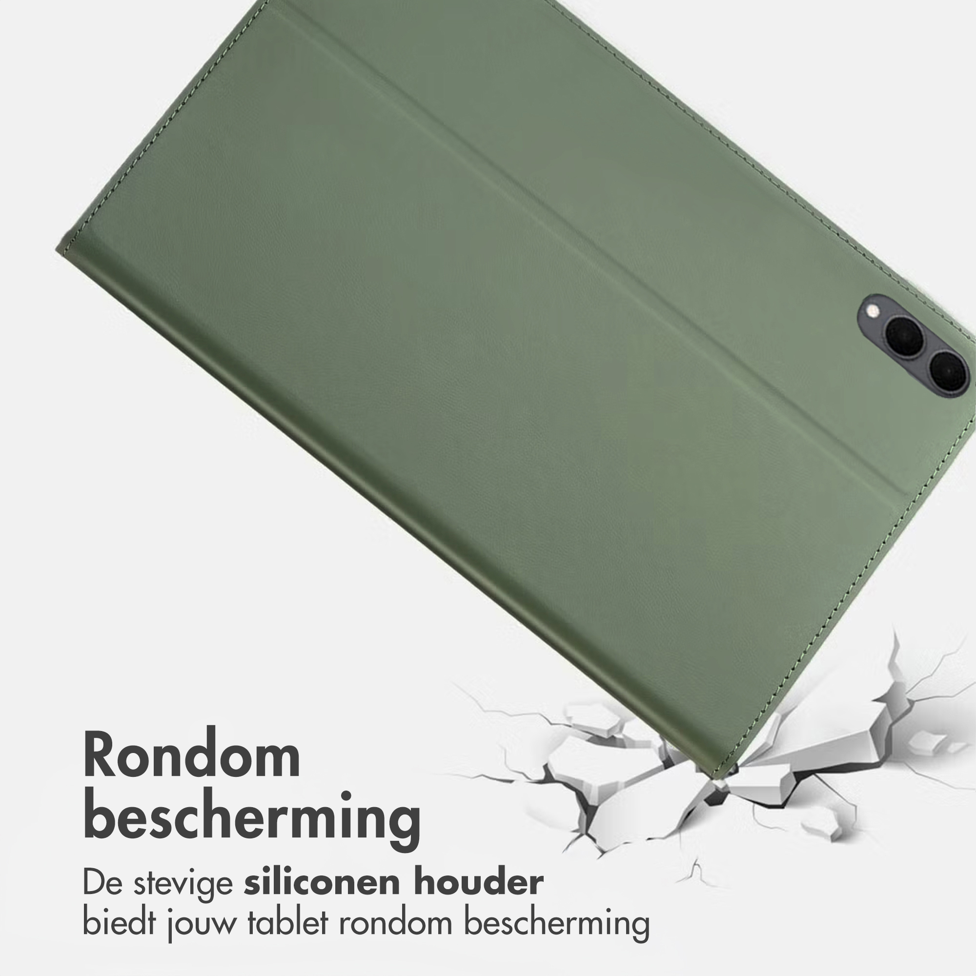 Green tablet case falling onto cracked surface. All-around protection.
