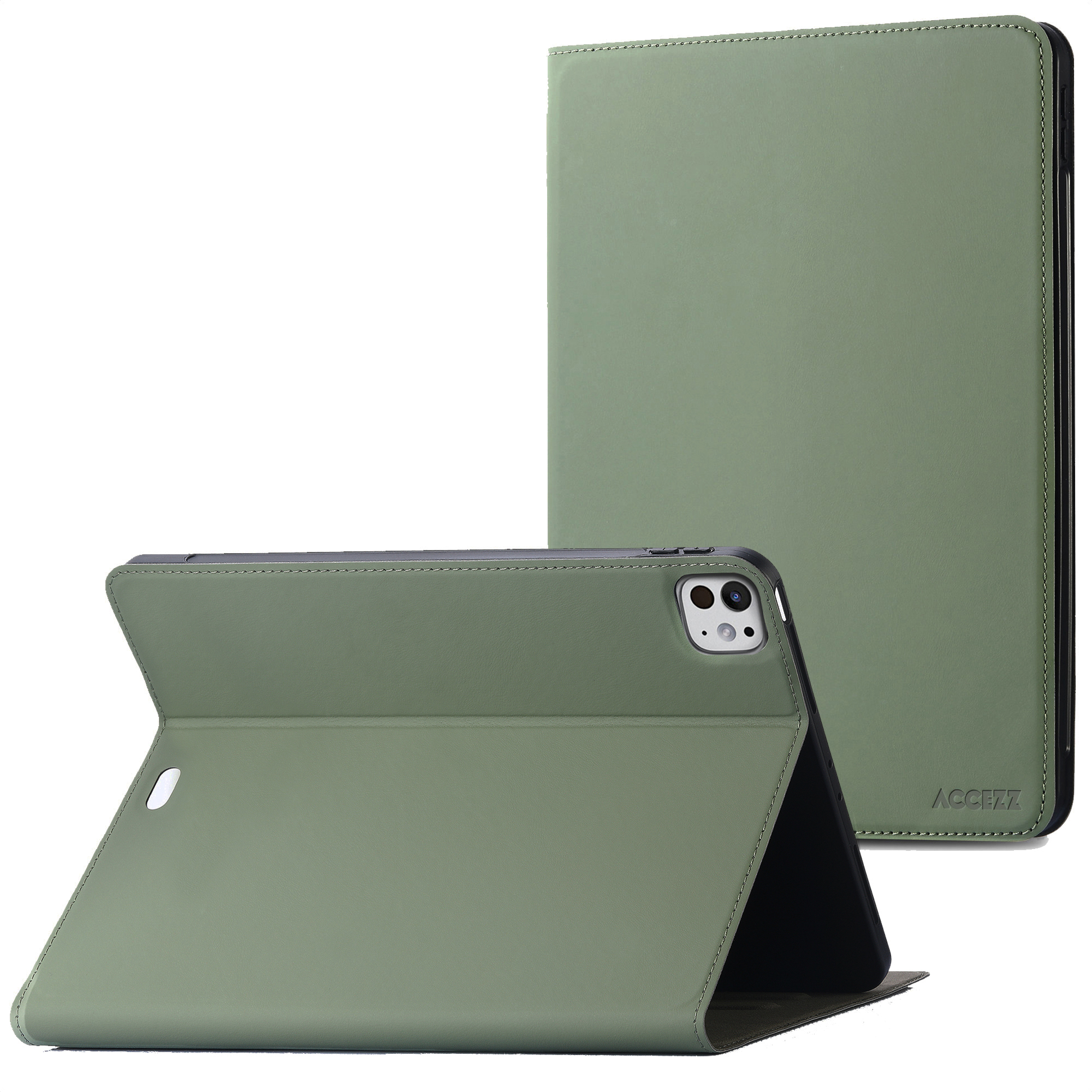 Green tablet case, shown closed and open, with camera cutout.