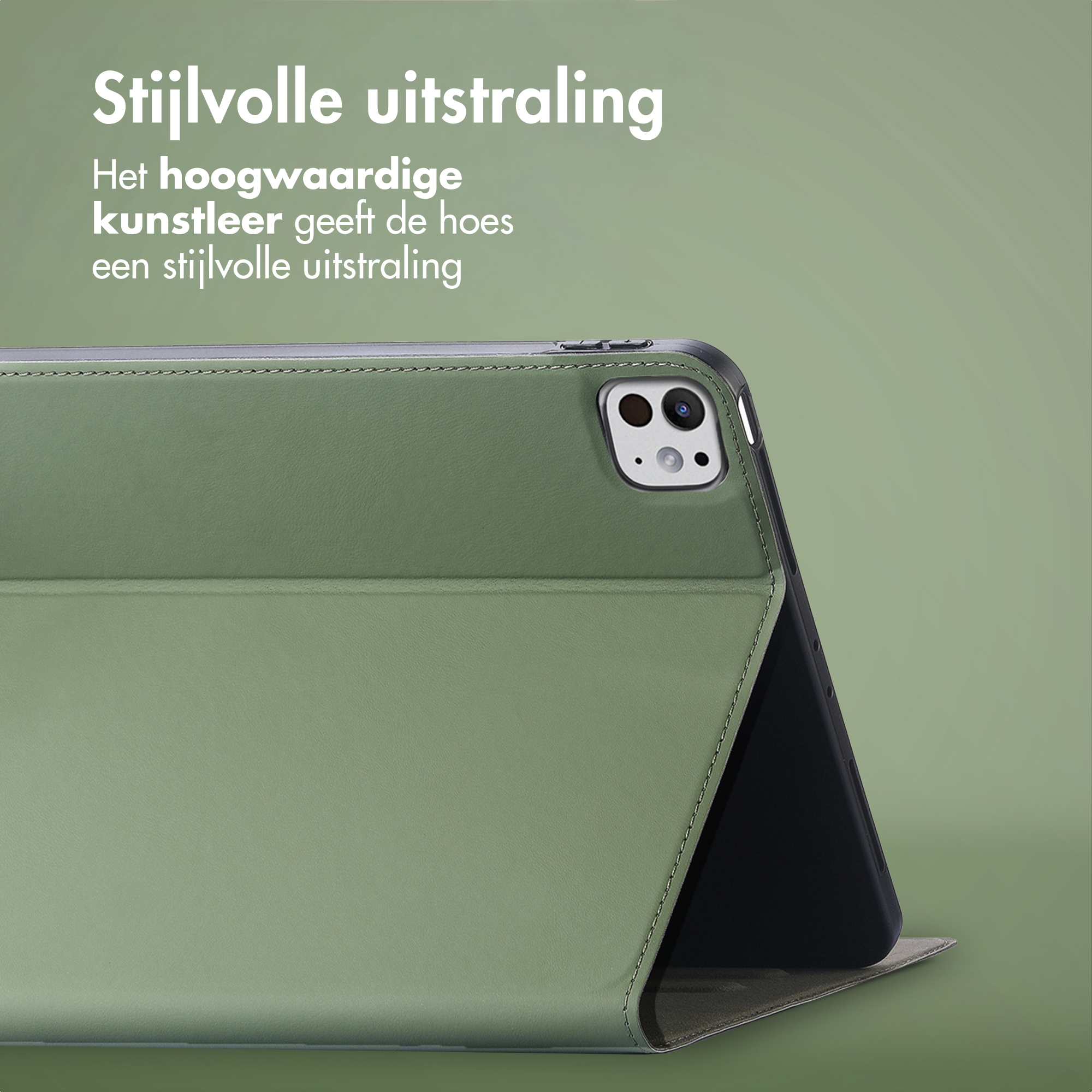 Green tablet case with premium faux leather and camera cutout. Shows stylishness.