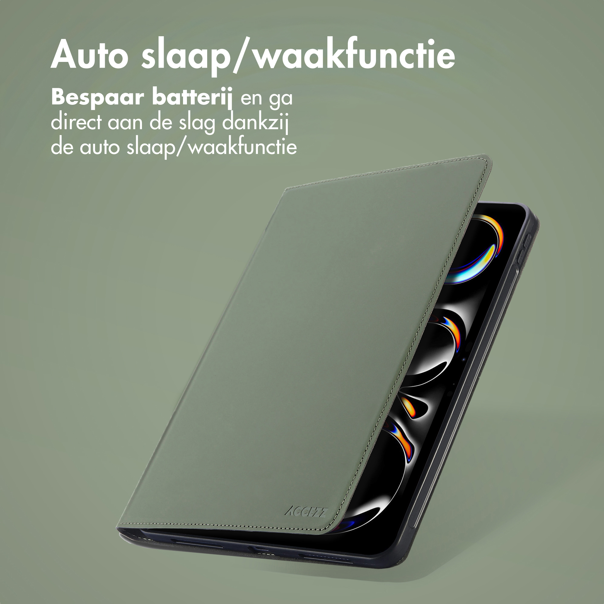 A green tablet cover with Auto Sleep/Wake function text.