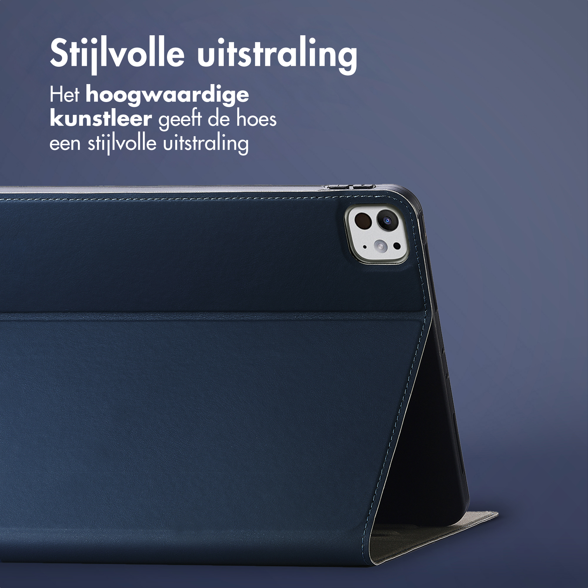 Dark blue tablet case with camera island and text.