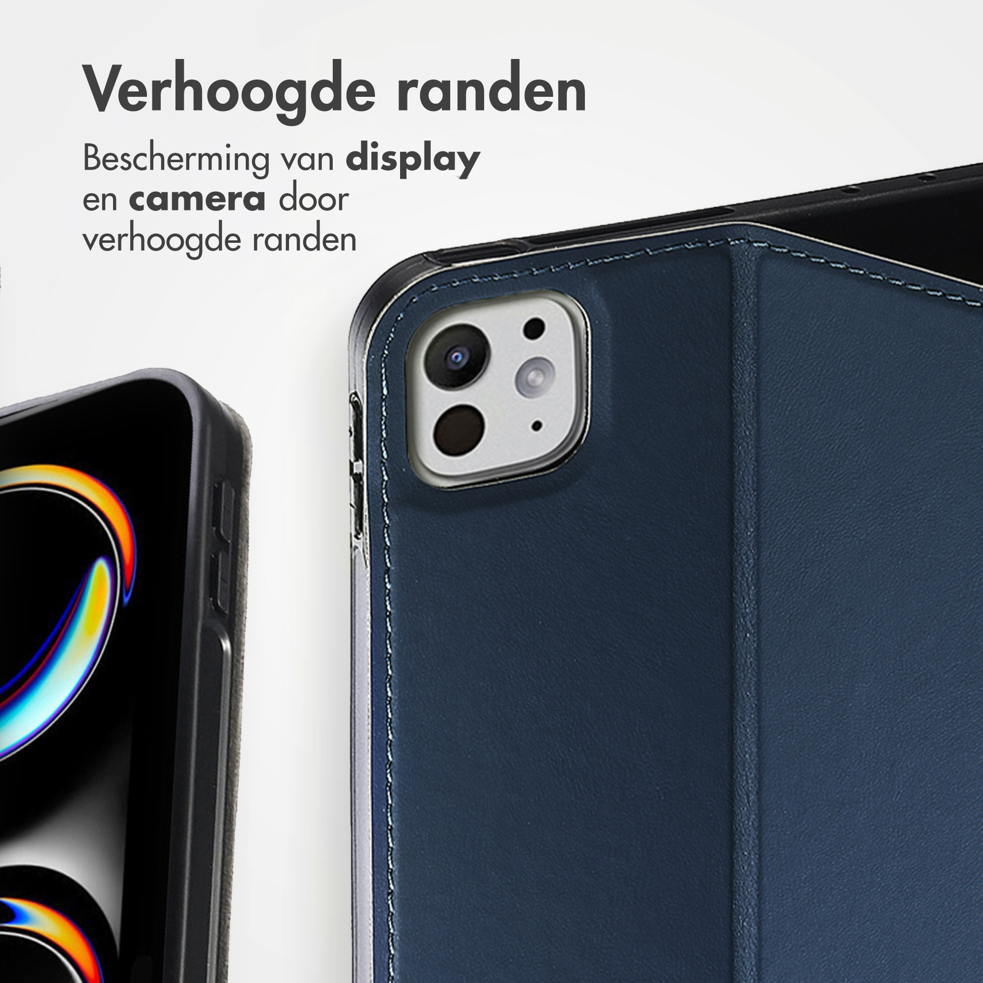 Dark blue case with raised edges protects camera and display.