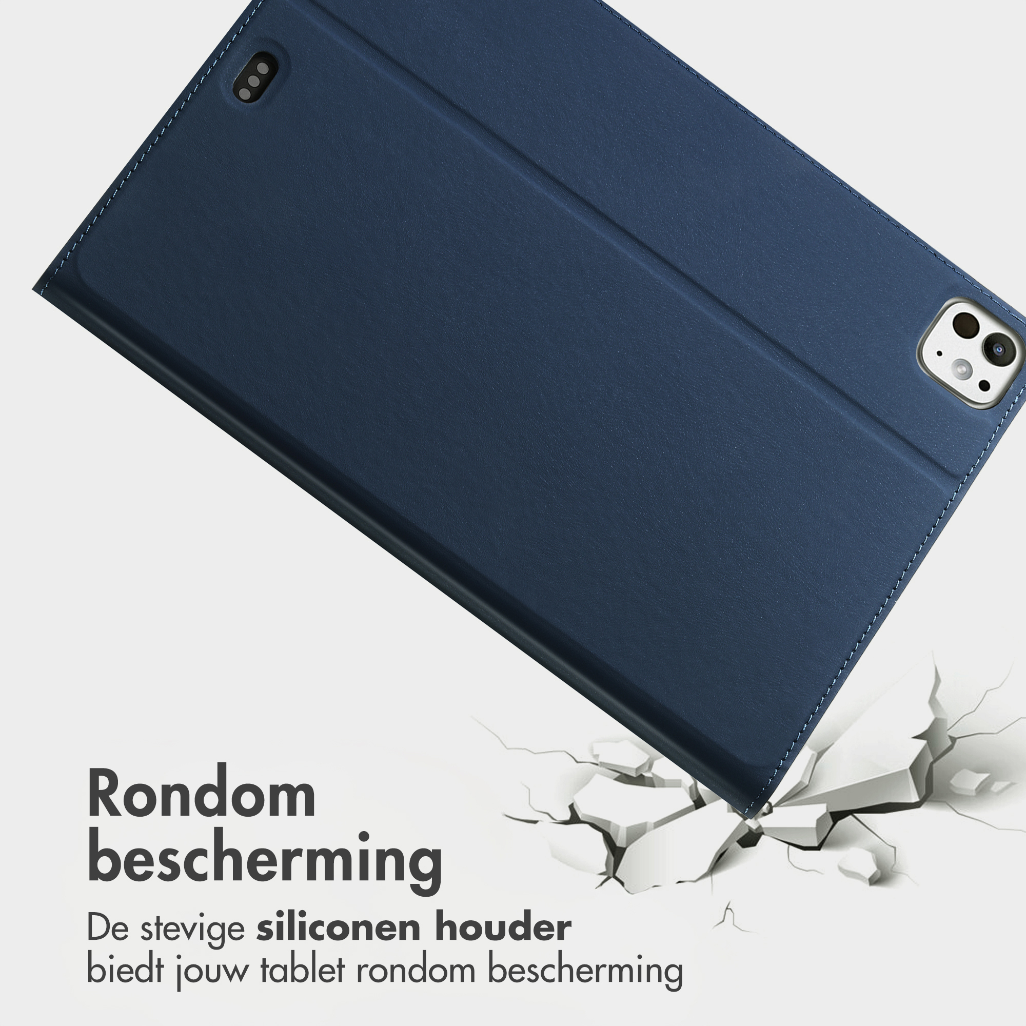 Dark blue tablet case breaks through white surface. 3 cameras visible.