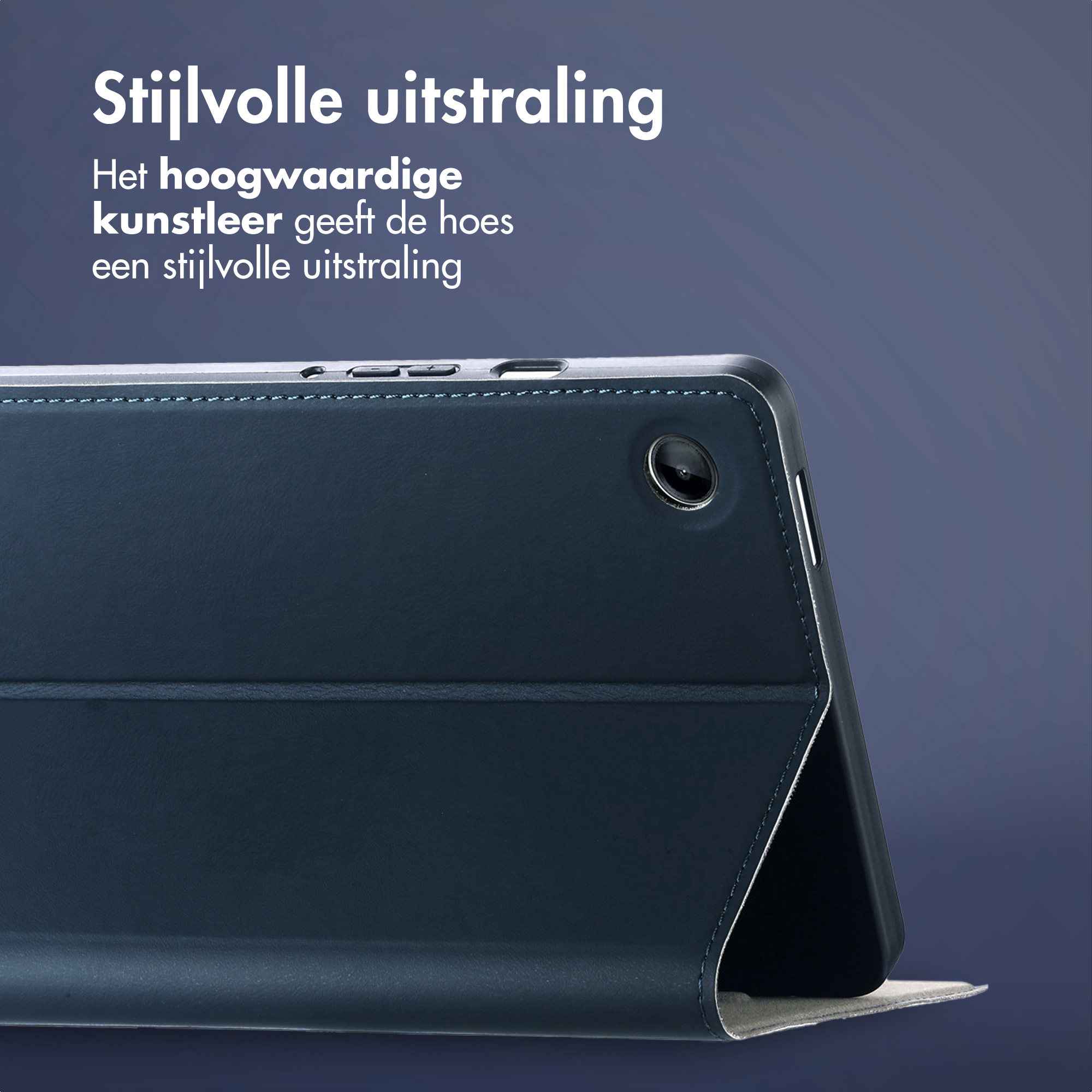 Dark blue tablet case with camera cutout and stitching.