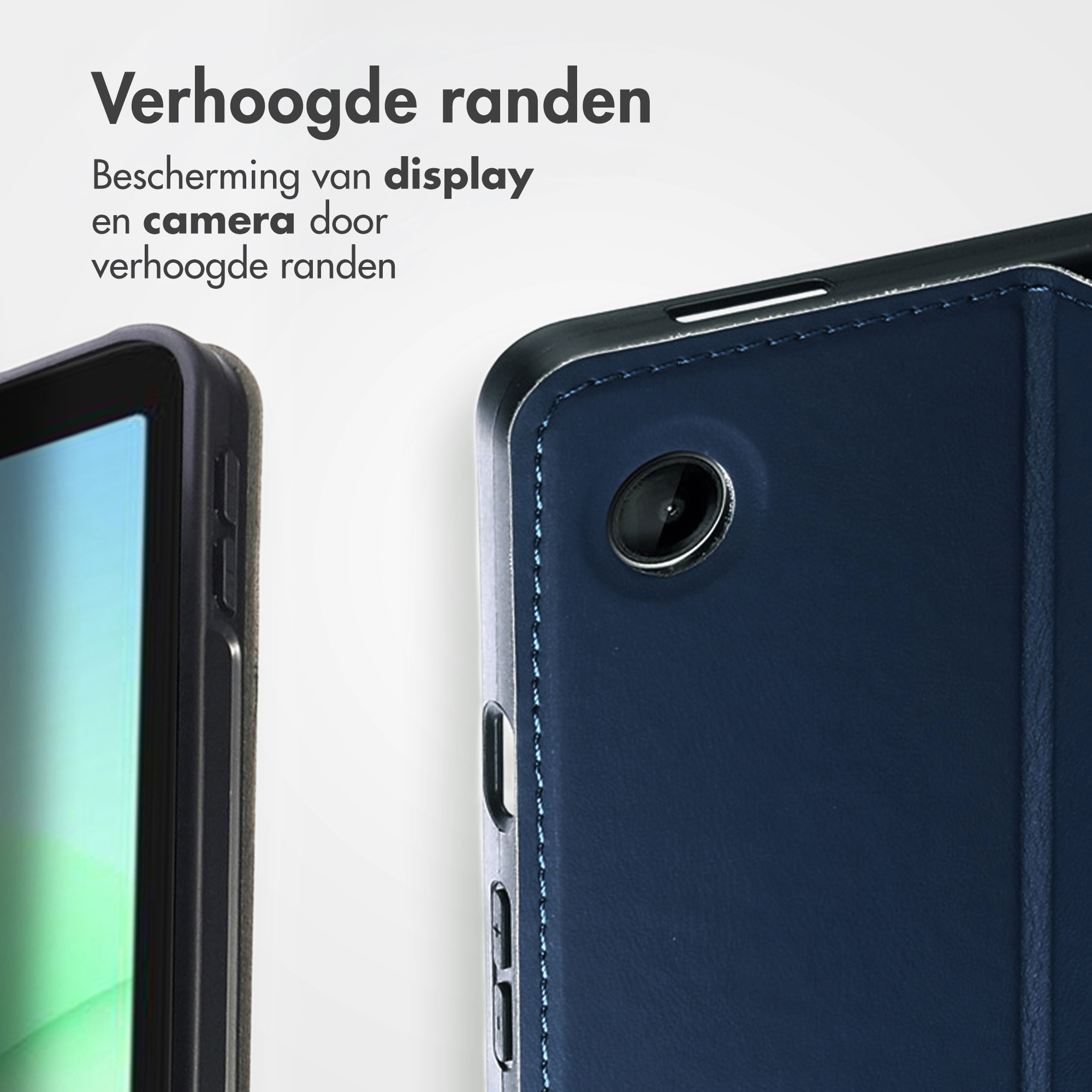 Close-up of a blue case with camera and raised edges.