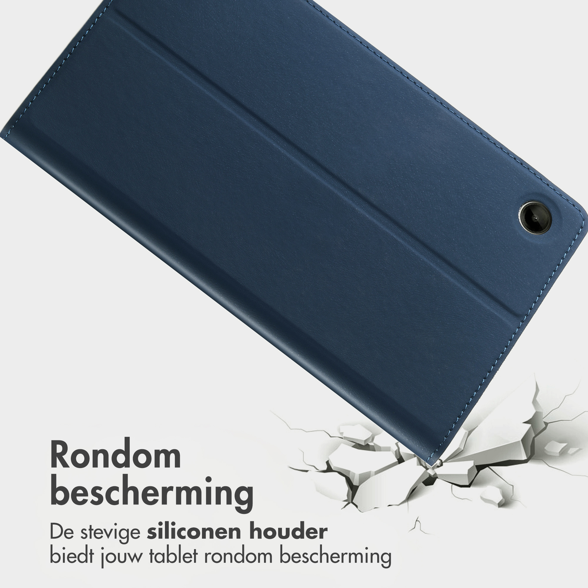 Dark blue case breaking through a white surface. Text: All-round protection.