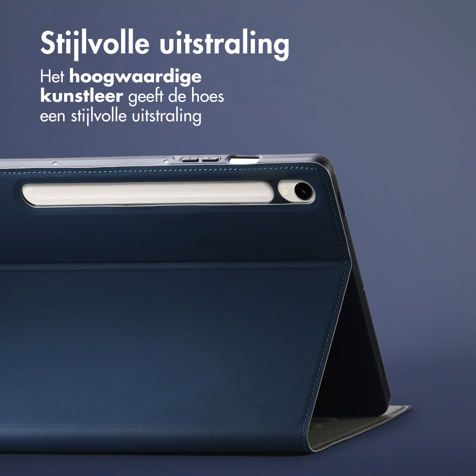 Dark blue tablet case with pen holder and camera cutout.