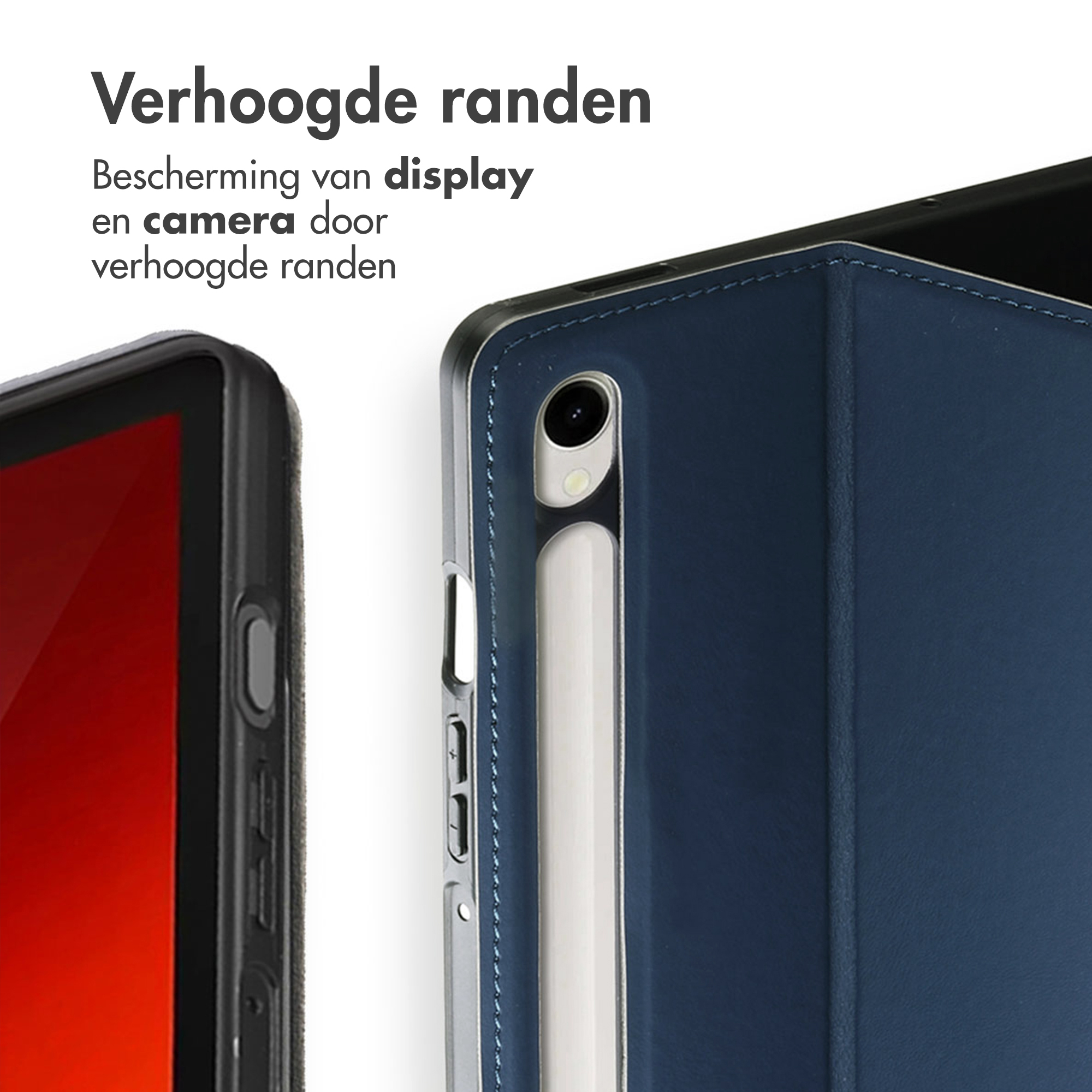 A tablet with a case and stylus, with text about raised edges.