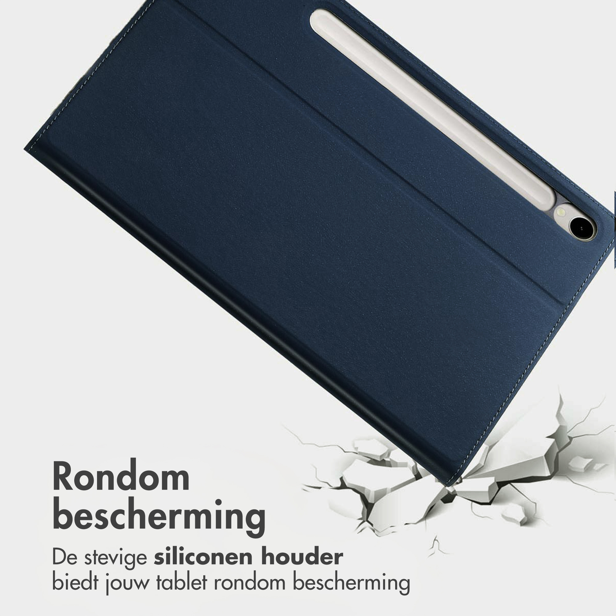 Dark blue case with pen holder on cracked ground.