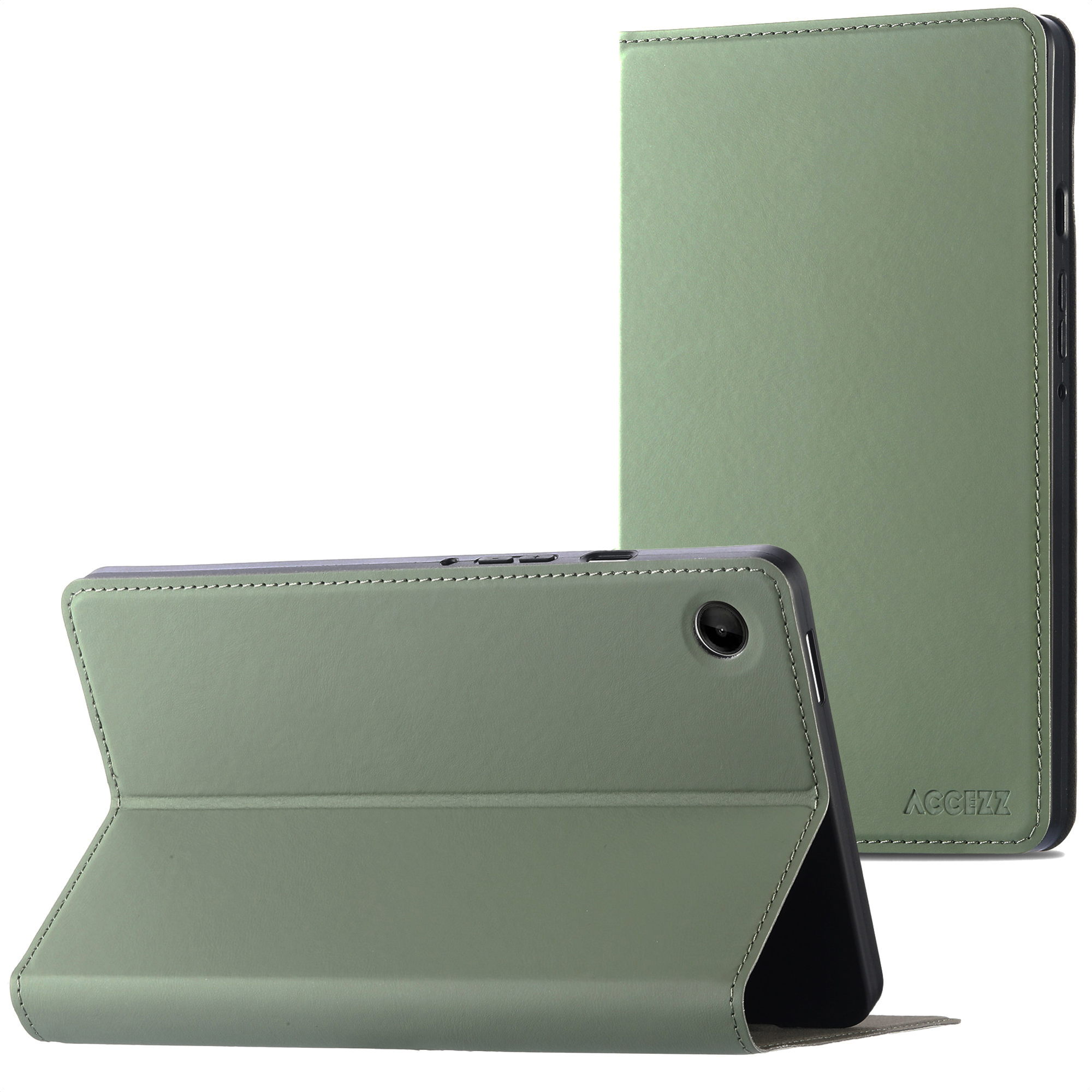 Support de tablette vert montré en deux vues : une droite, une ouverte.