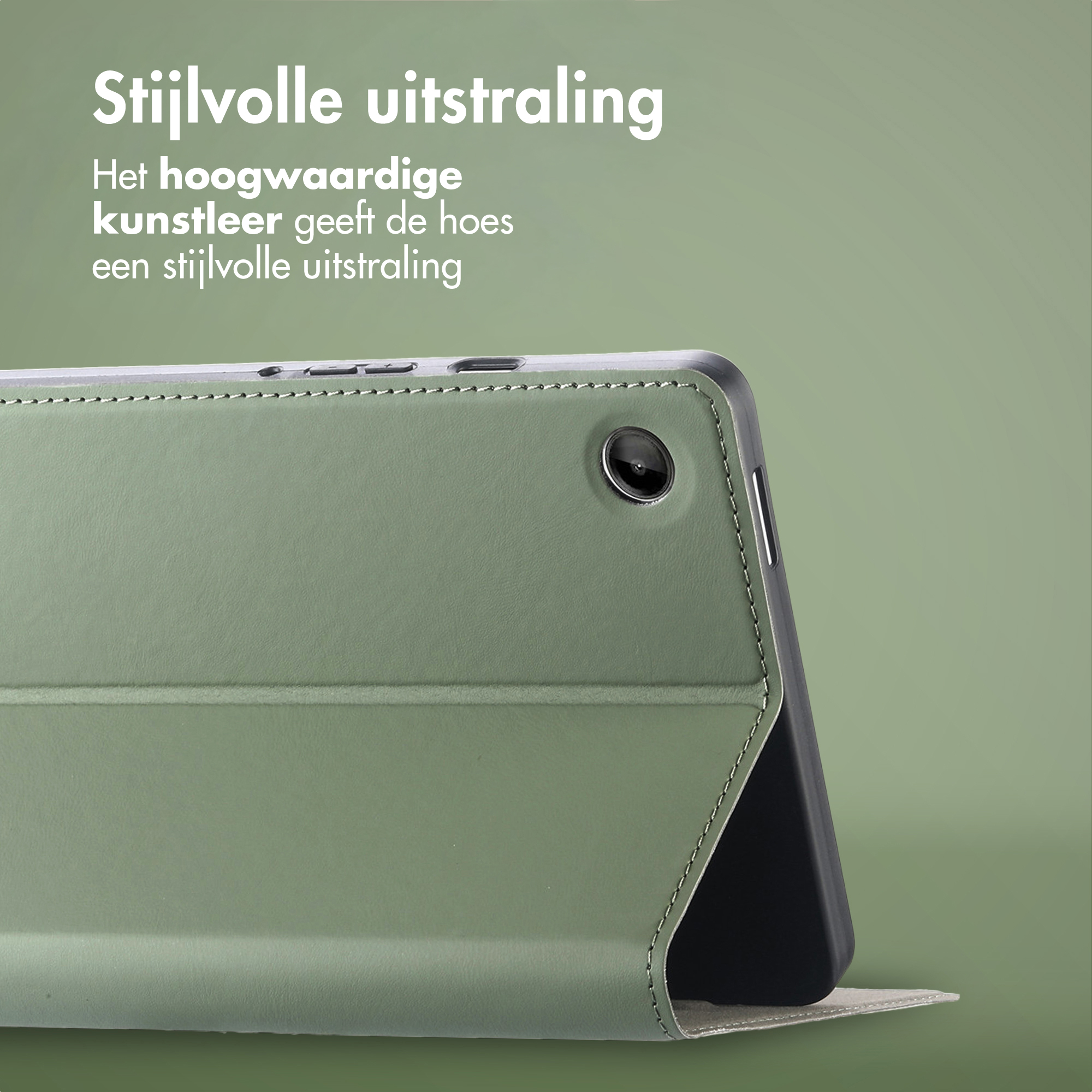 Une tablette verte avec une housse élégante en similicuir et un objectif.