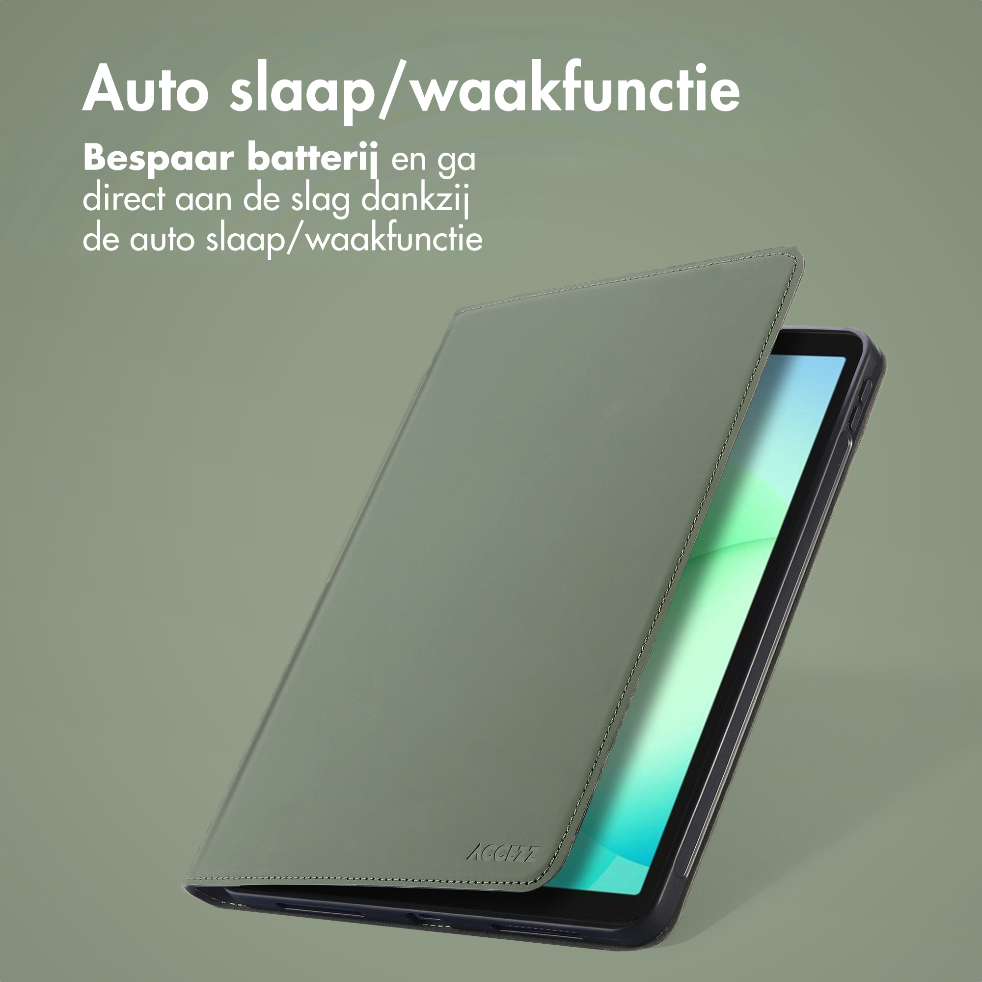 Étui vert pour tablette avec fonction veille/réveil automatique. Texte en néerlandais.