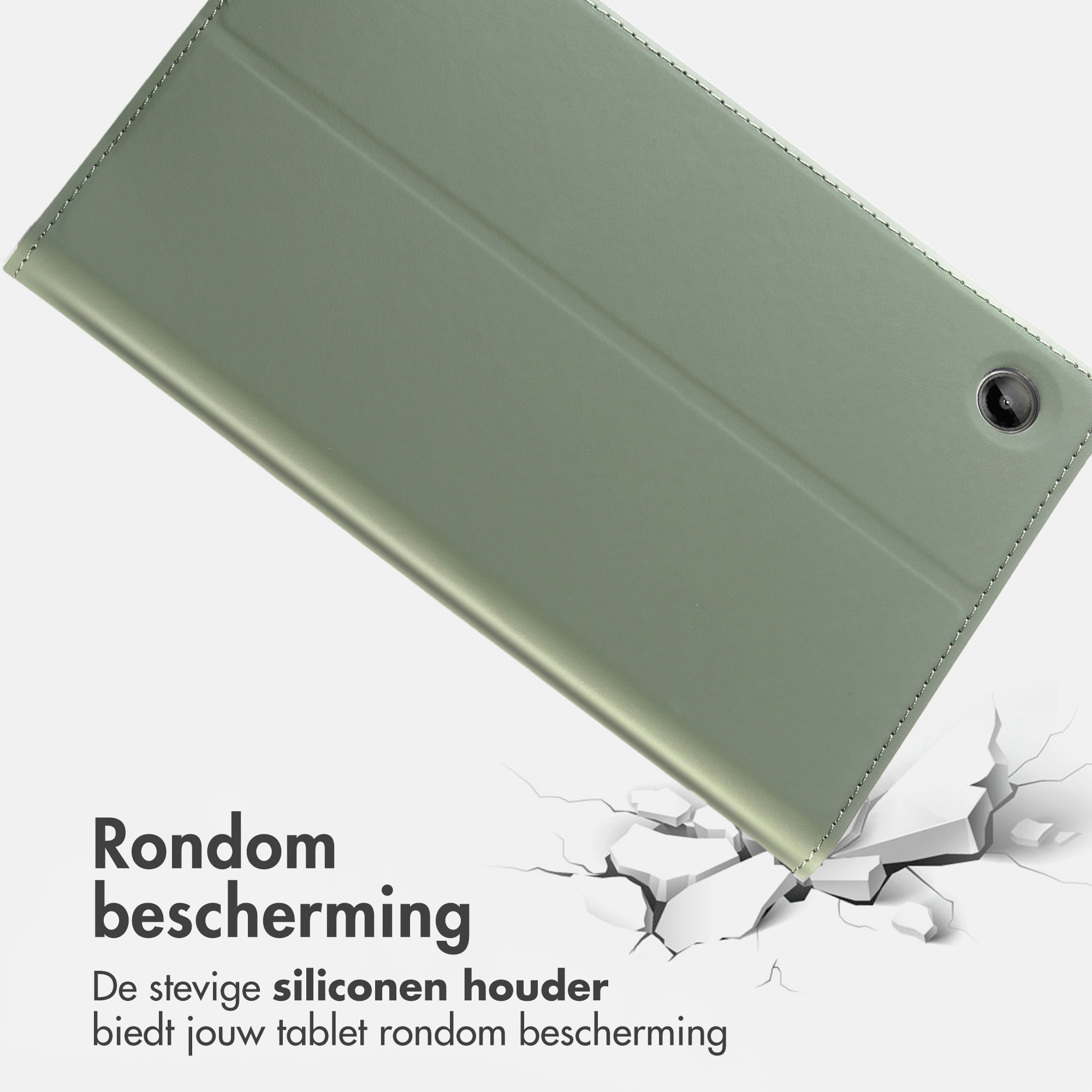 Étui vert pour tablette avec découpe caméra sur sol craquelé.