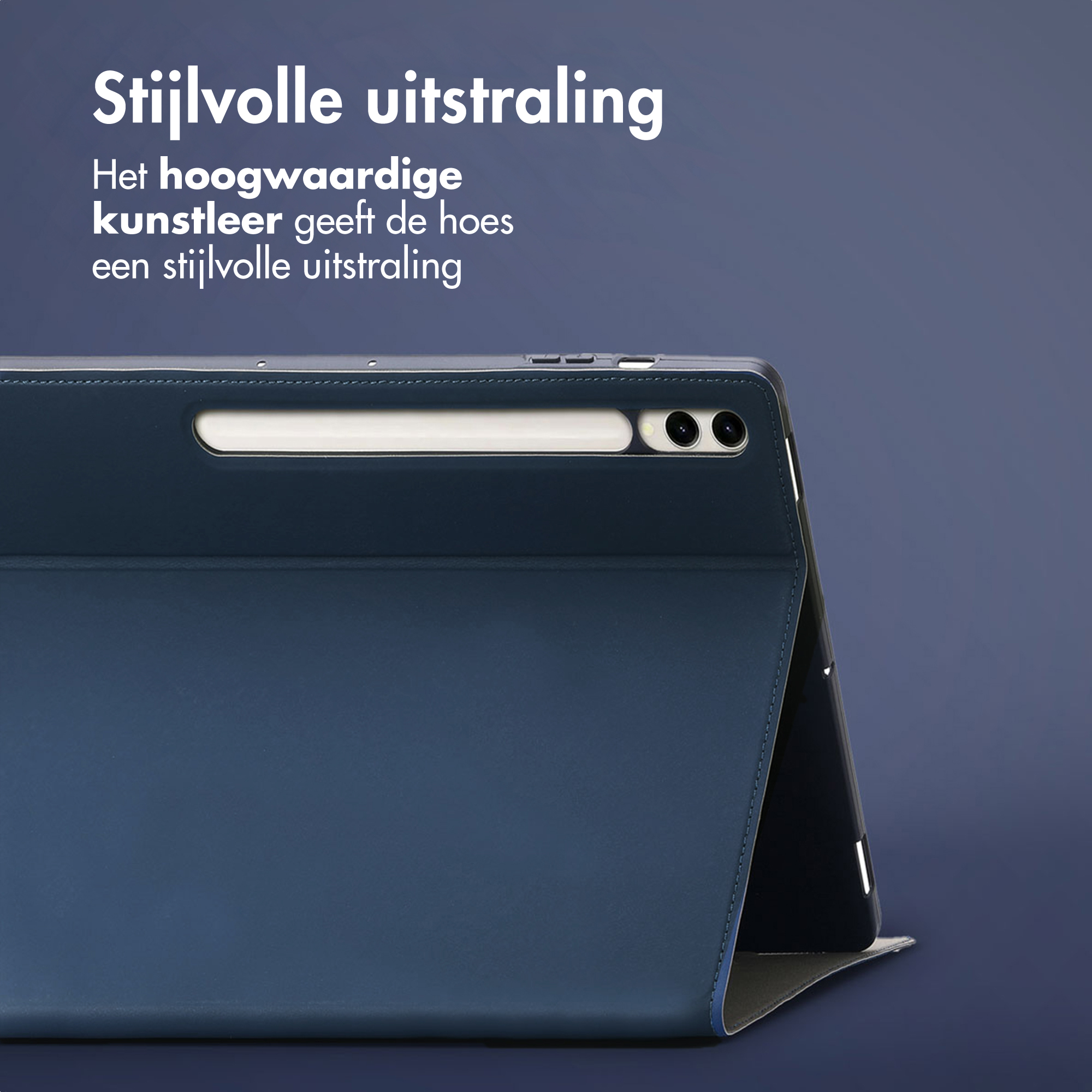 Donkerblauwe tablet met stylus en camera's achteraan, met tekst.