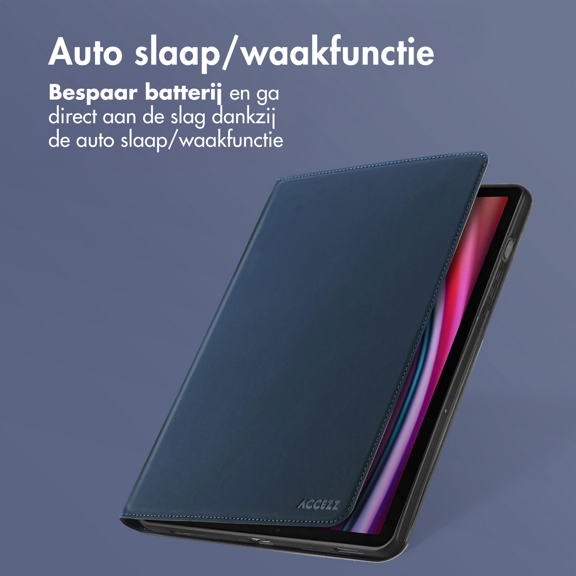 Een donkerblauwe tablet met hoes, die auto slaap/waakfunctie promoot.
