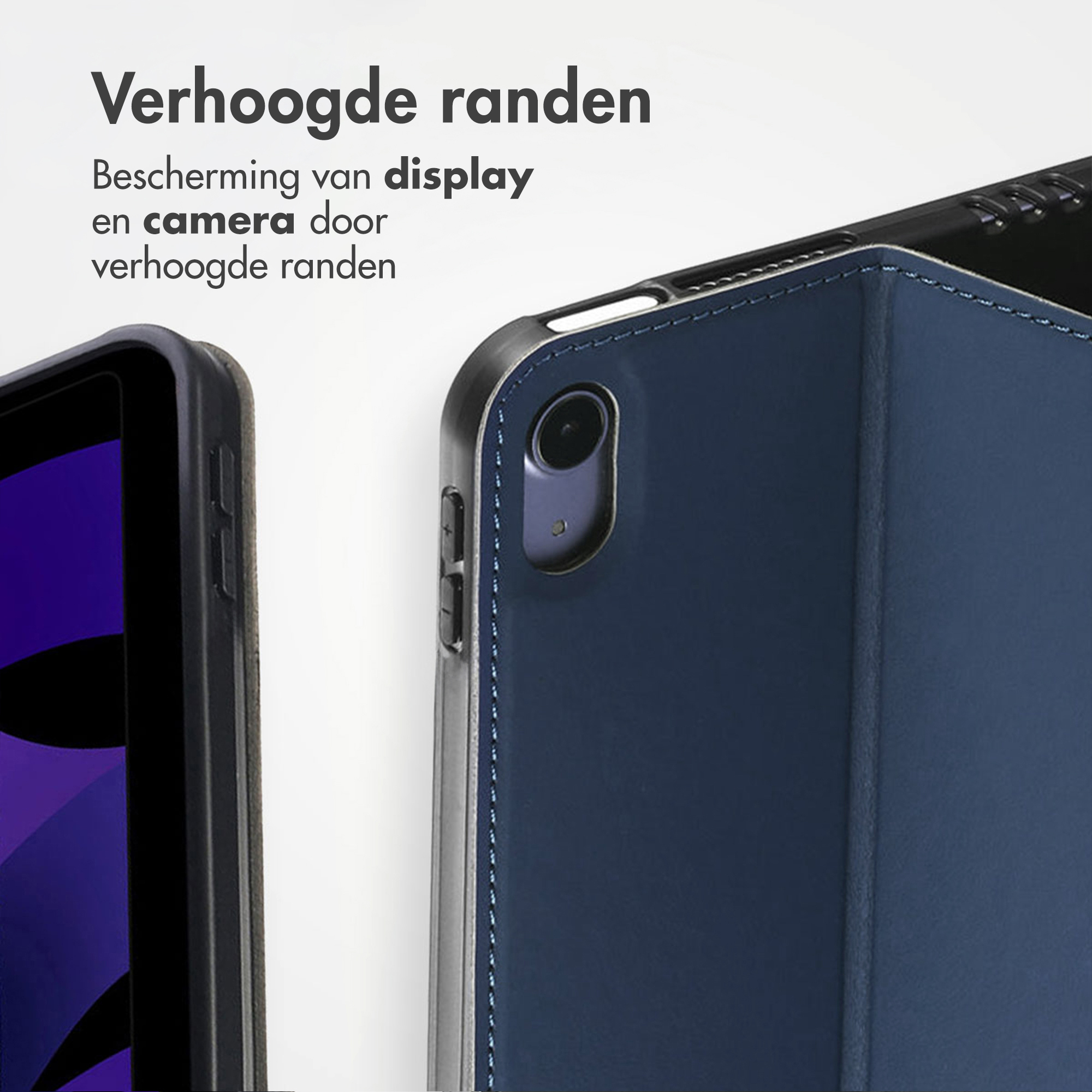 Donkerblauwe tablethoes met verhoogde randen beschermt scherm en camera.
