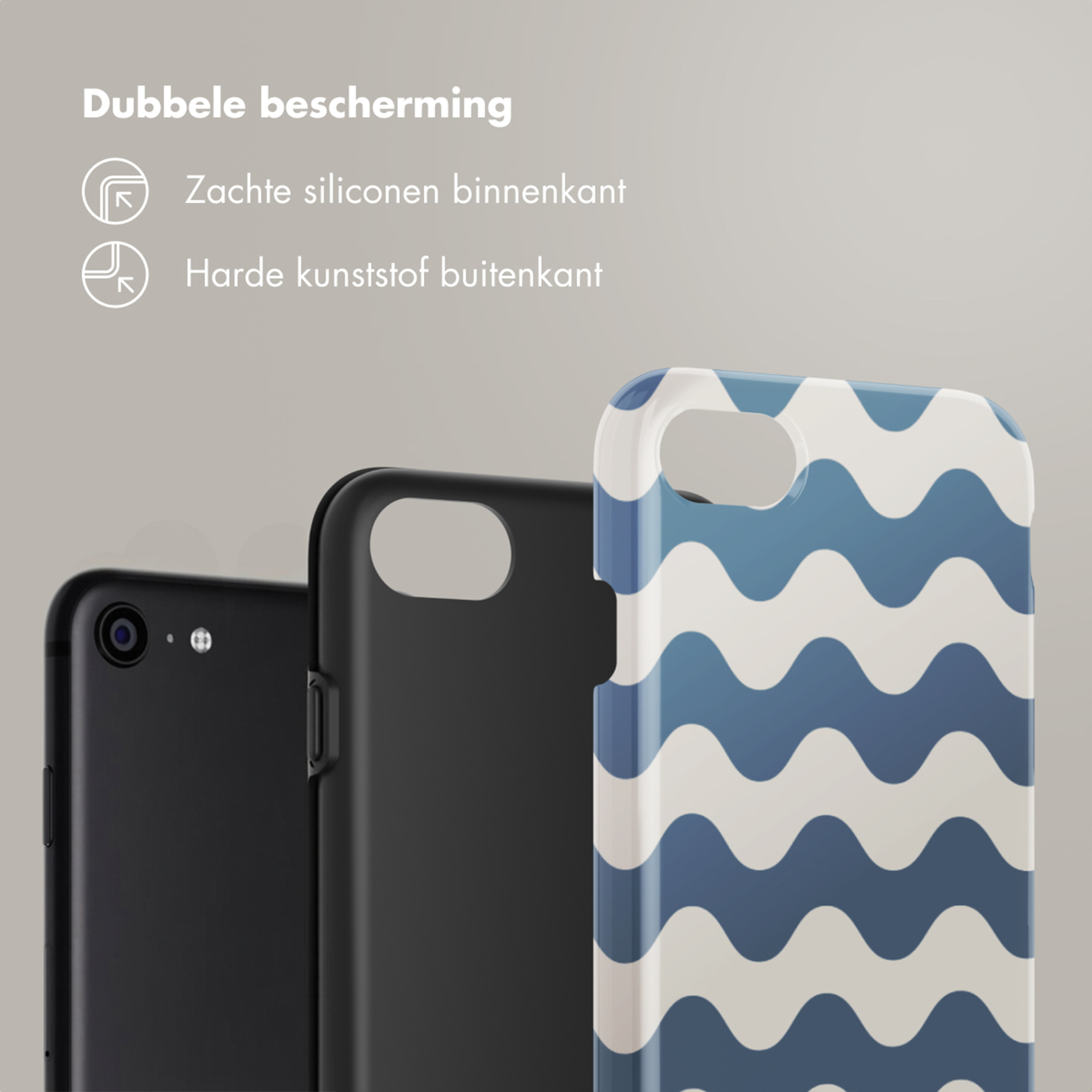 Twee telefoonhoesjes, één zwart, één met golvend patroon.