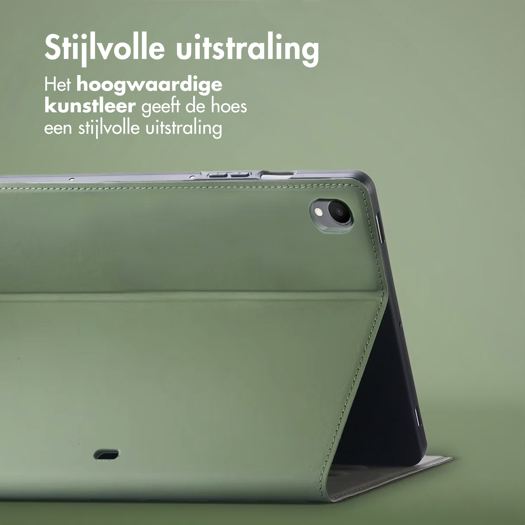 A green tablet in a case against a green background.