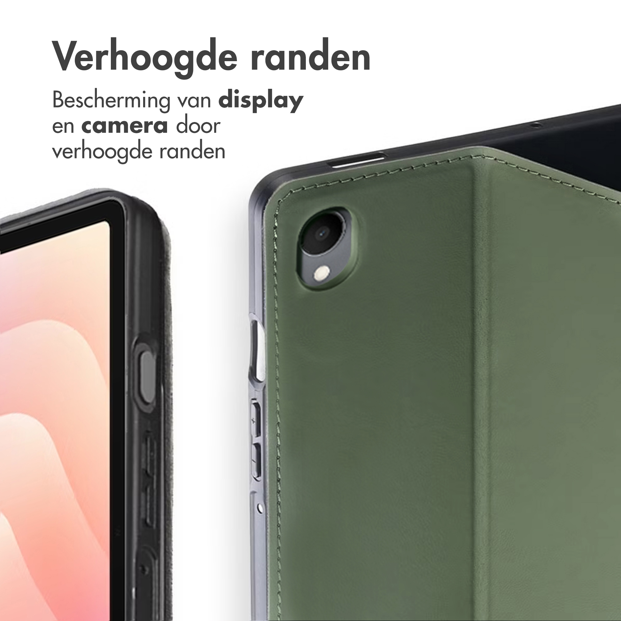 A tablet with a green case and a black frame shown up close.