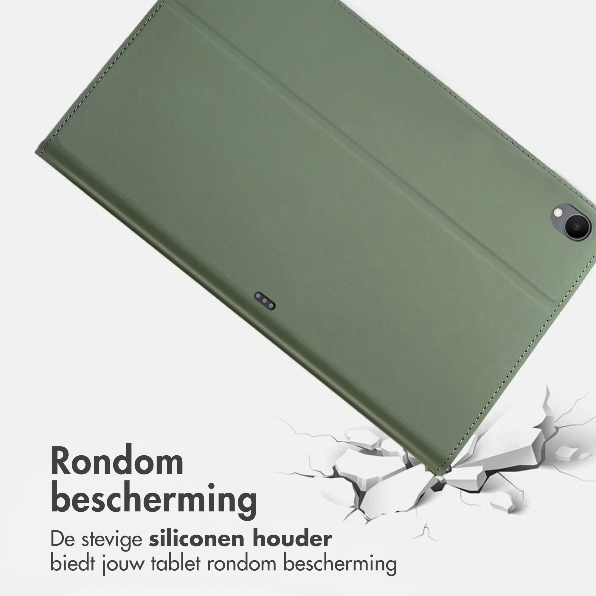 Green tablet case falling onto shattered white blocks.