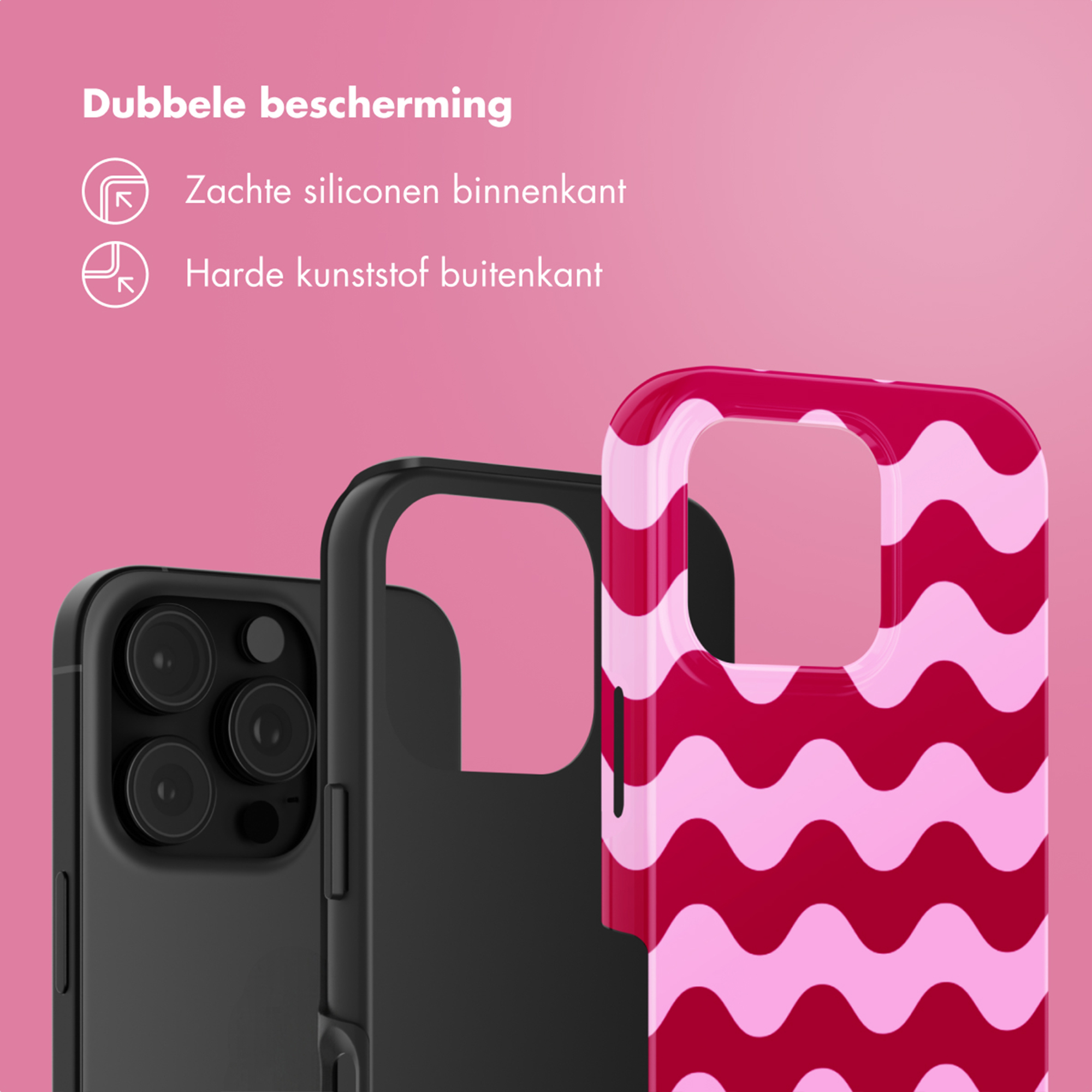 Zwarte telefoonhoes met zachte siliconen binnenkant en hard plastic buitenkant.