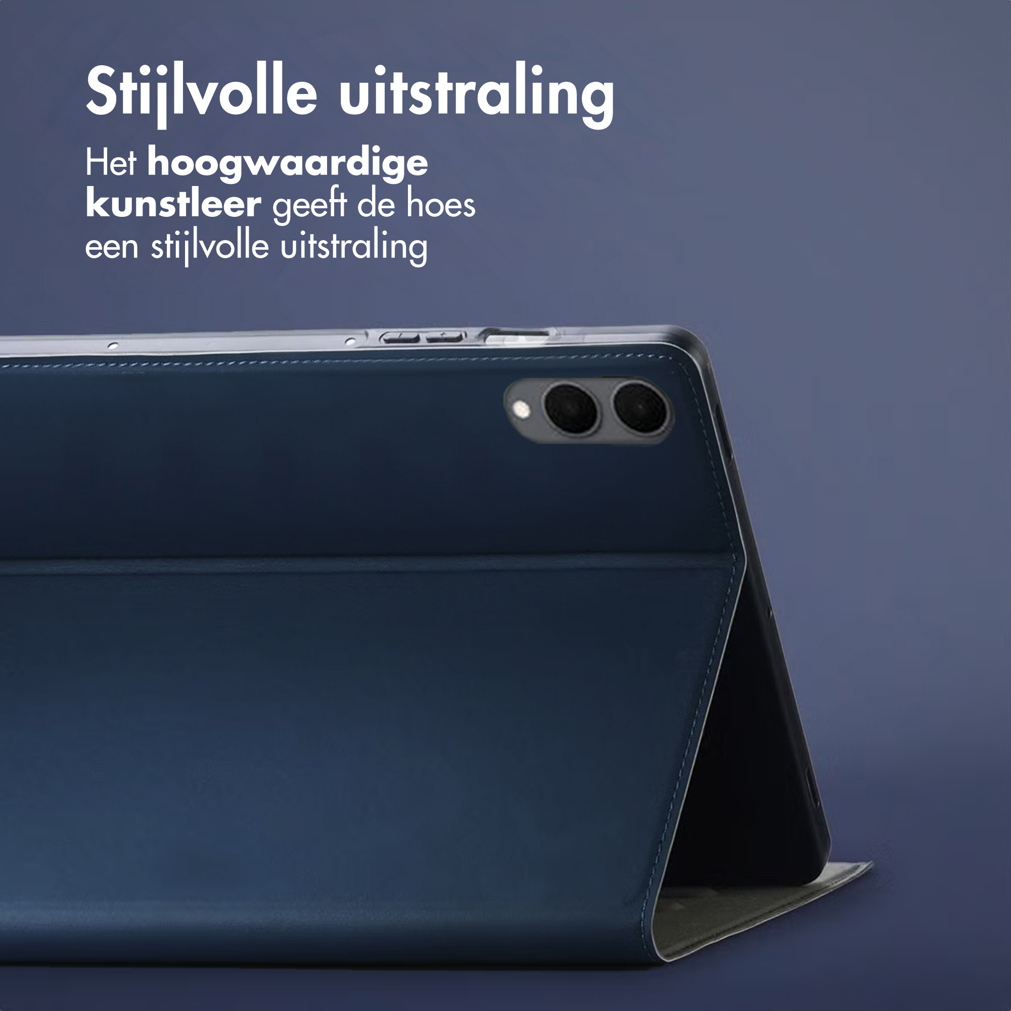 Dark blue tablet case with camera cutout and stitching.