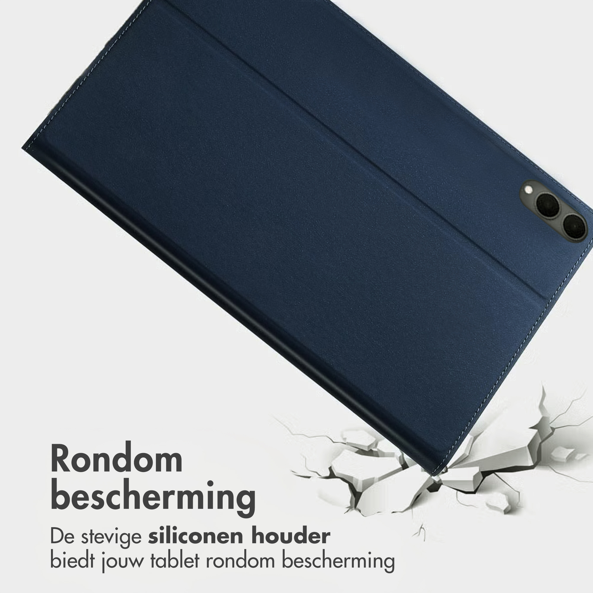 Dark blue tablet case falling, with cameras visible.