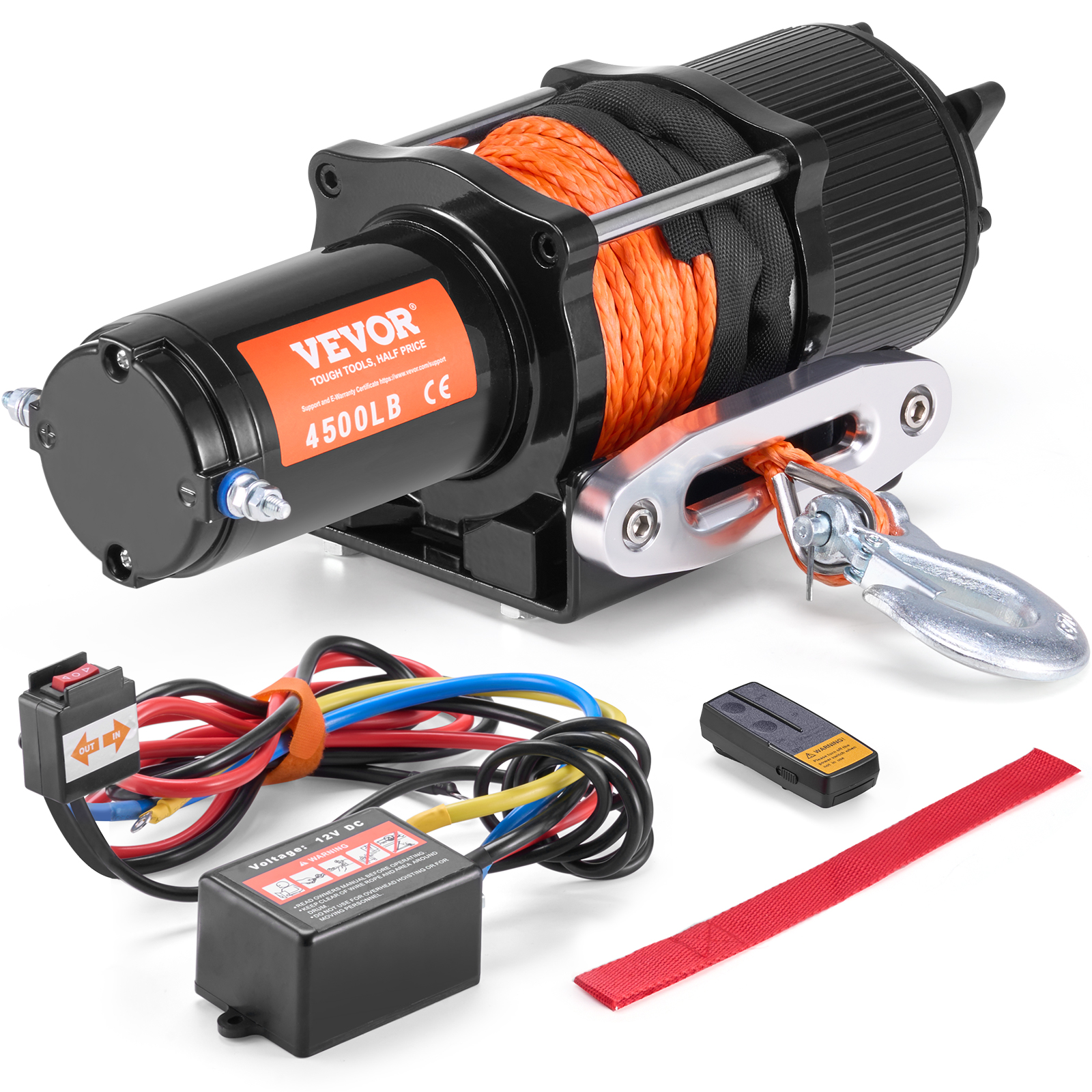 Un motor de cabrestante negro de 4500 lb con cuerda naranja, control remoto y cables.